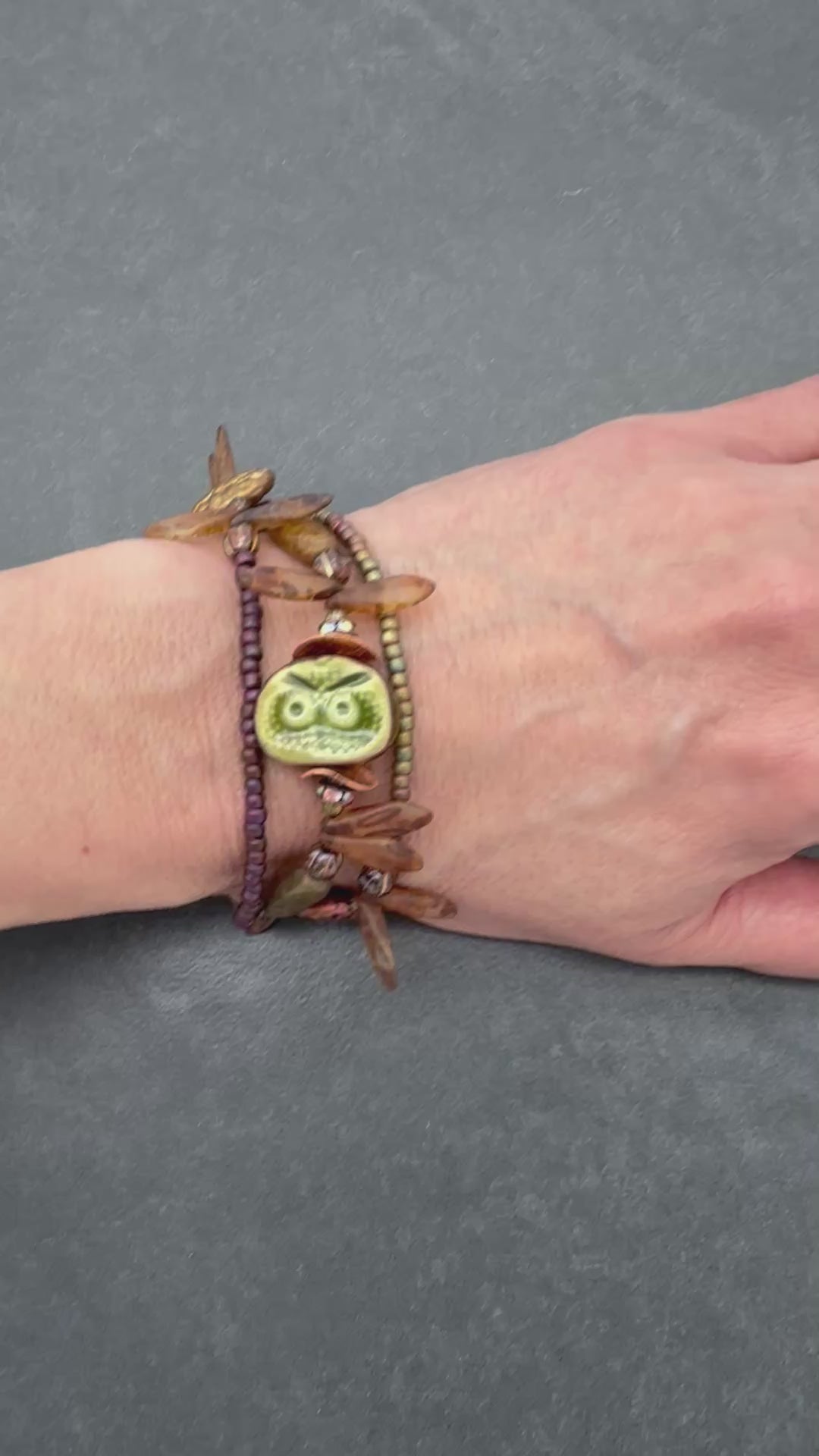 Nature Theme Handmade Beaded Bracelet - Artisan Ceramic Owl and Czech Glass