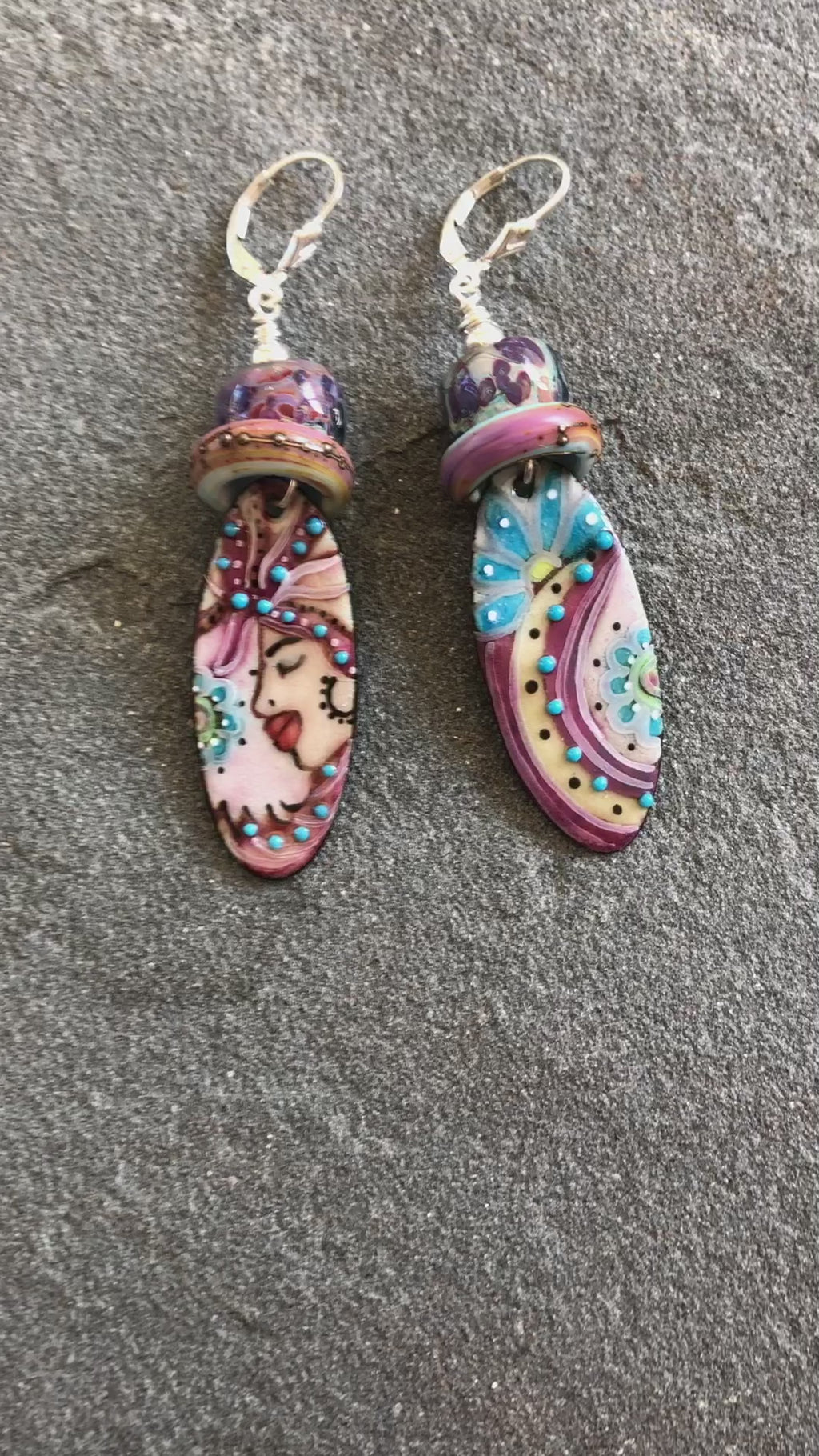 Flamenco Handmade Dangle Earrings, Artisan Lampwork Glass, Artisan Enameled Charms Sterling Silver Ear Wires, Asymmetrical