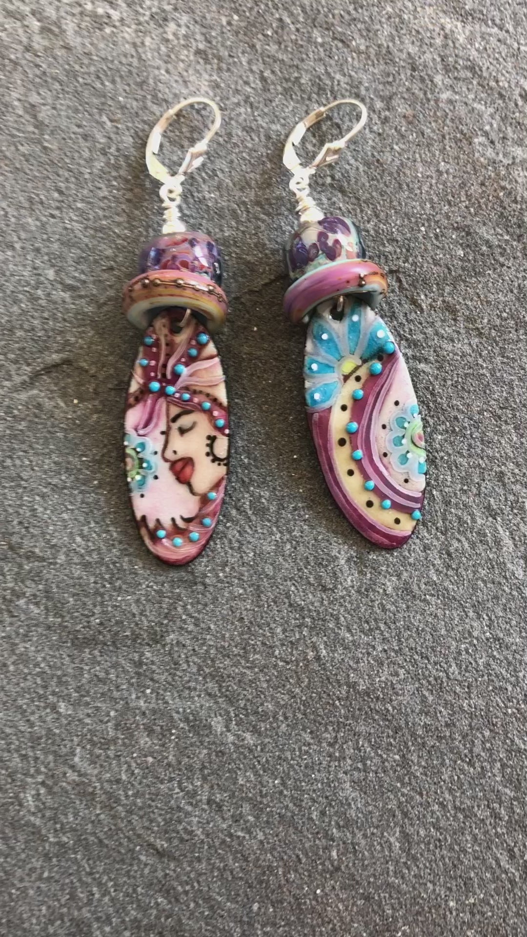 Flamenco Handmade Dangle Earrings, Artisan Lampwork Glass, Artisan Enameled Charms Sterling Silver Ear Wires, Asymmetrical