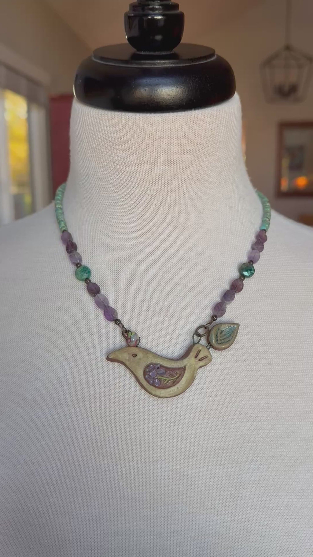 Of a Feather Necklace - Handmade Artisan Ceramic Bird Focal Amethyst Chrysocolla