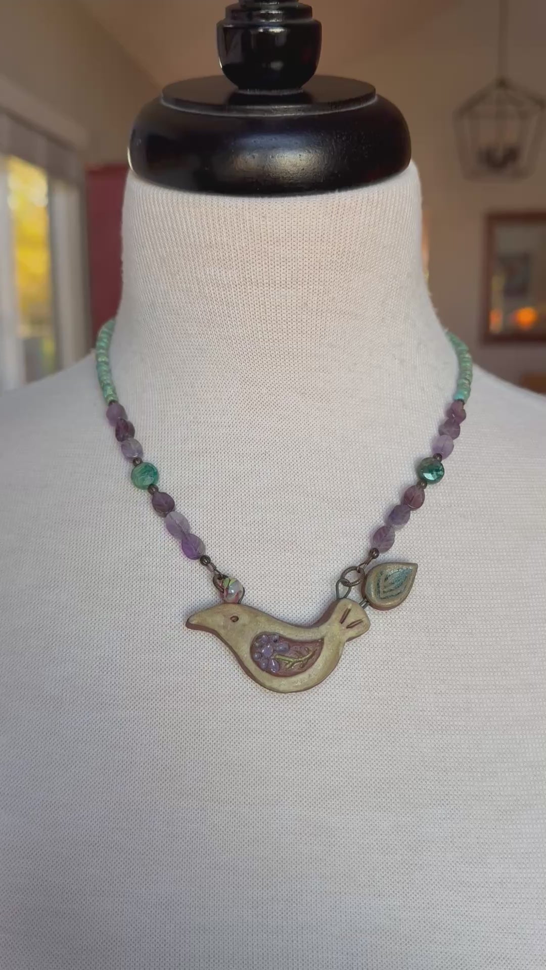 Of a Feather Necklace - Handmade Artisan Ceramic Bird Focal Amethyst Chrysocolla