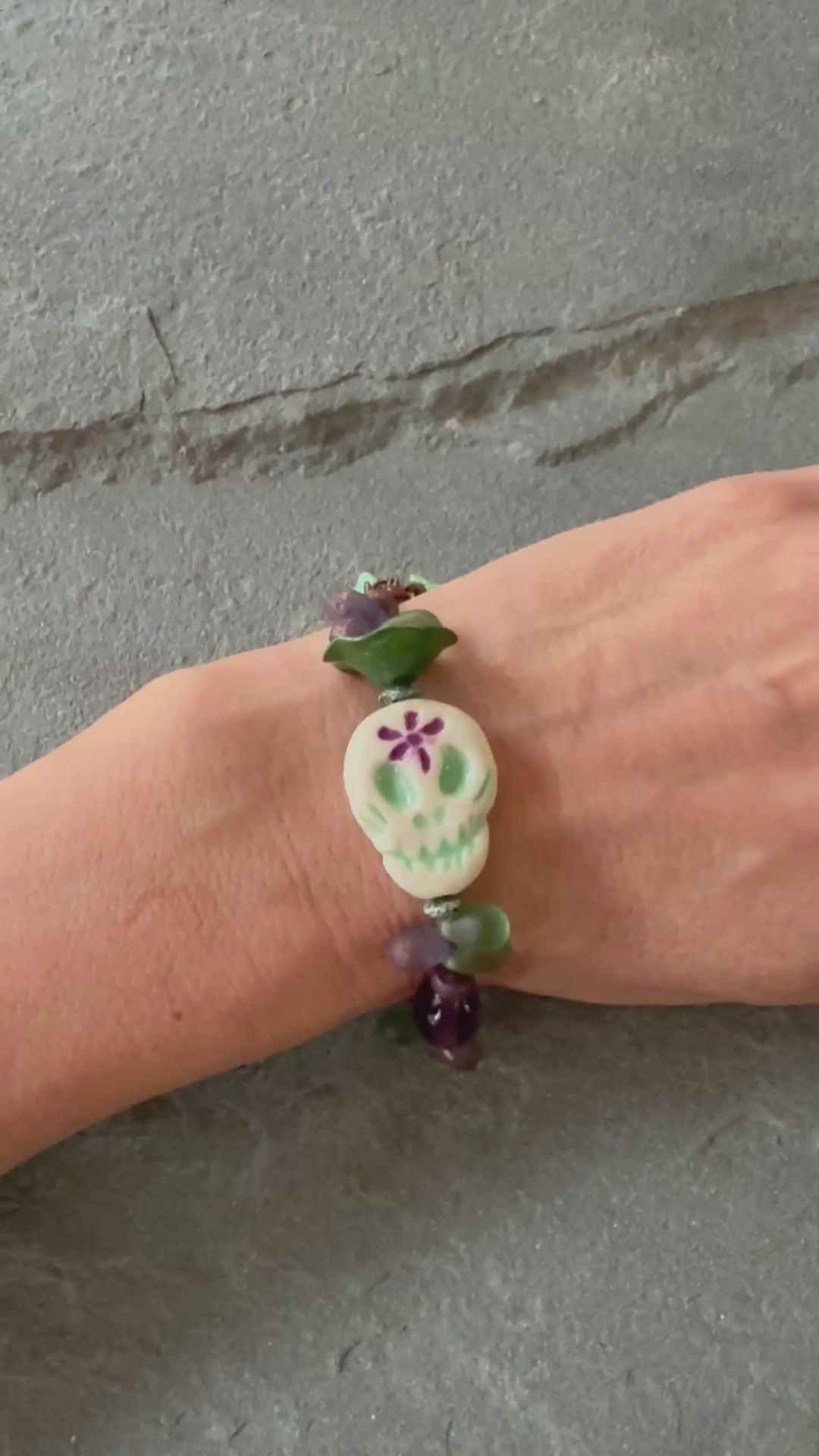 Fabulous Purple and Green Mardi Gras Catrina Handmade Beaded Bracelet with Artisan Ceramic Sugar Skull, Artisan Enameled Link and Rainbow Fluorite