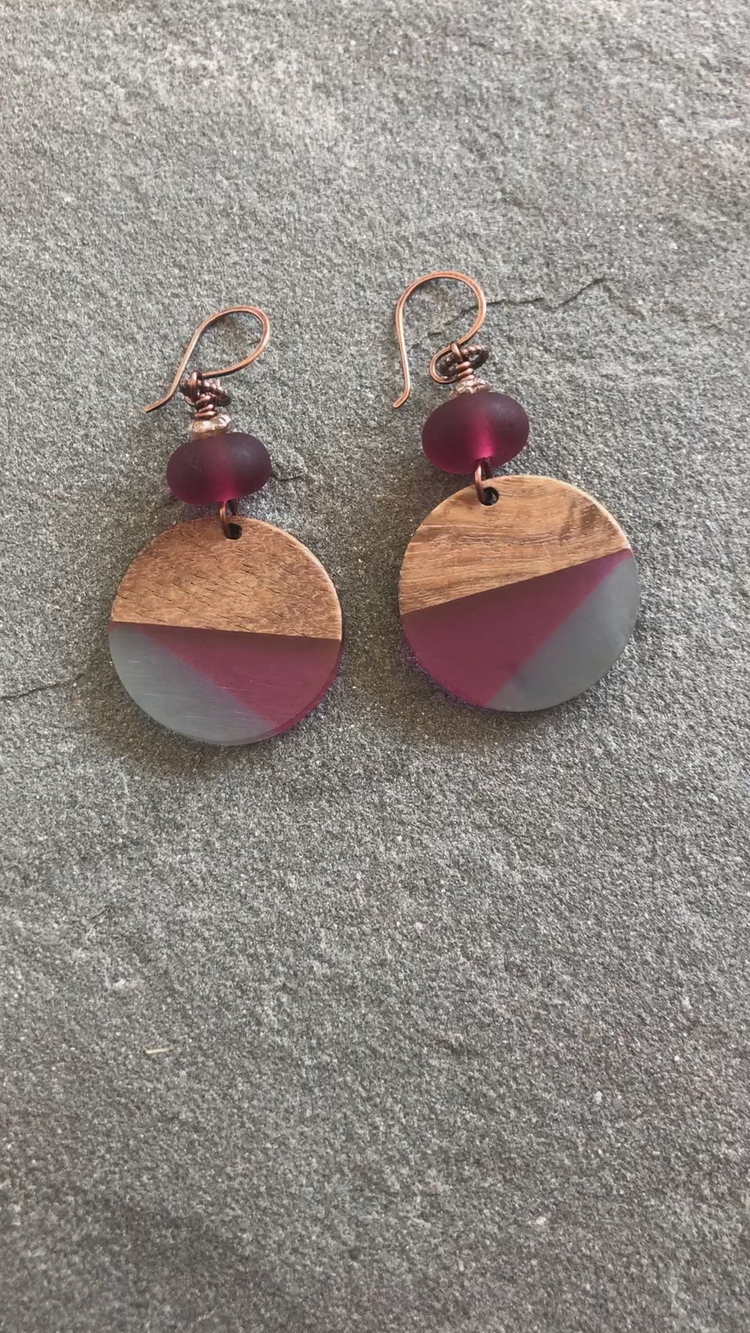 Cranberry Twist Handmade Dangle Earrings, Artisan Lampwork Glass, Wood Resin Charms.