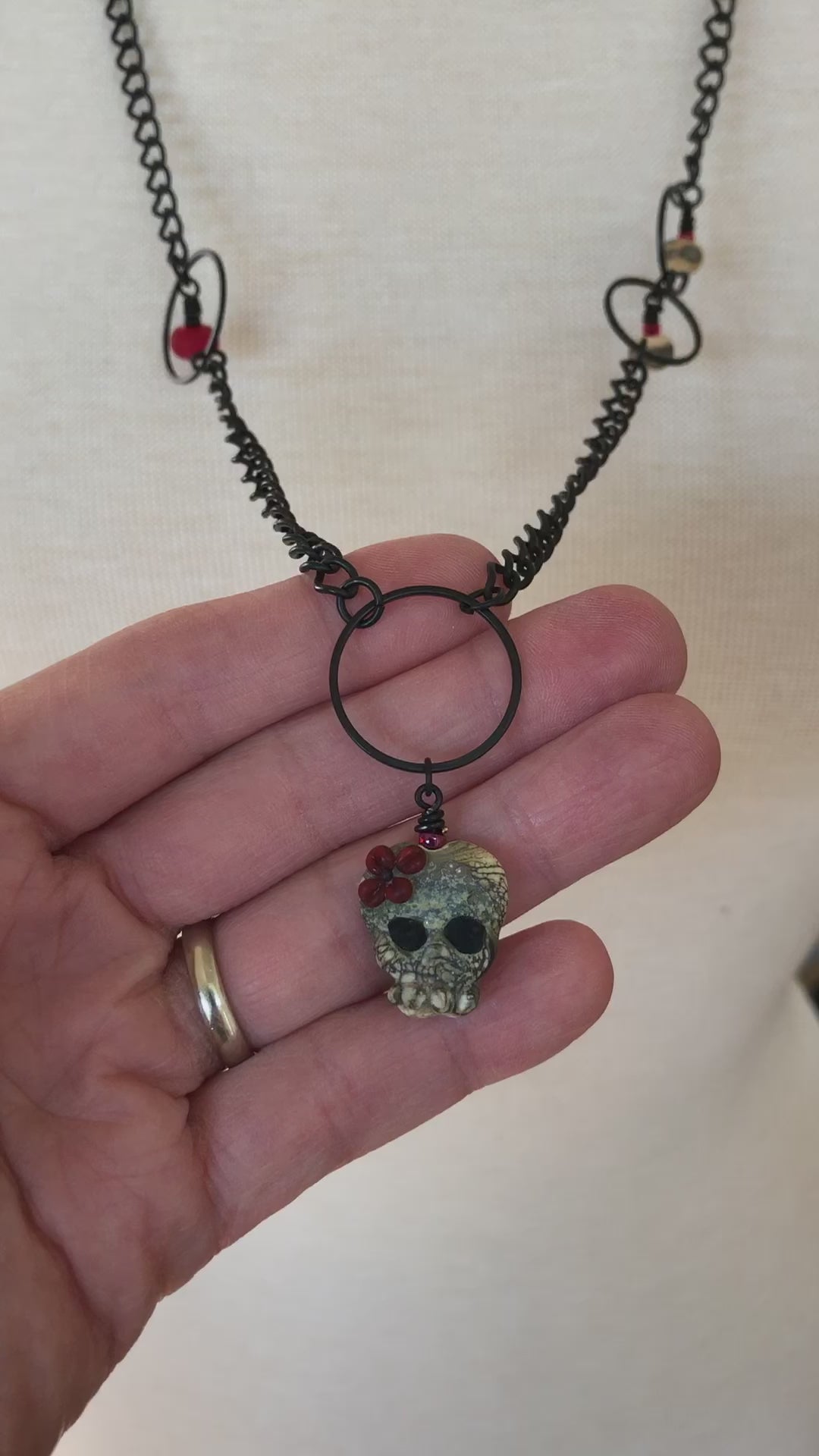 Lovely Frida Sugar Skull Statement Necklace with Artisan Lampwork Glass and Black Chain