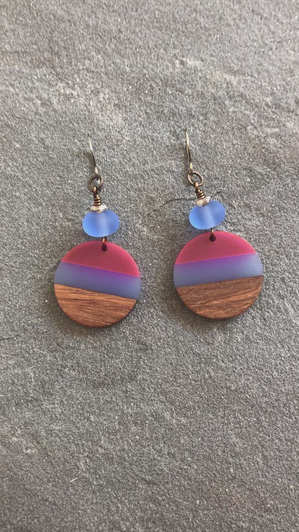 Beach Skies Dangle Handmade Earrings, Artisan Lampwork Glass, Wood Resin Charms.