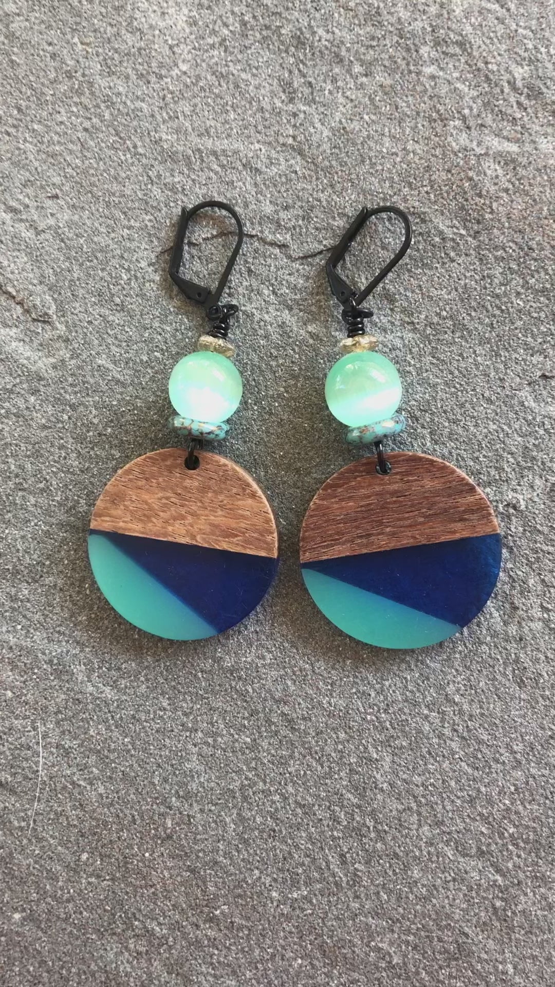 Shades of Blue Dangle Handmade Earrings, Bright Selenite, Wood Resin Charms.