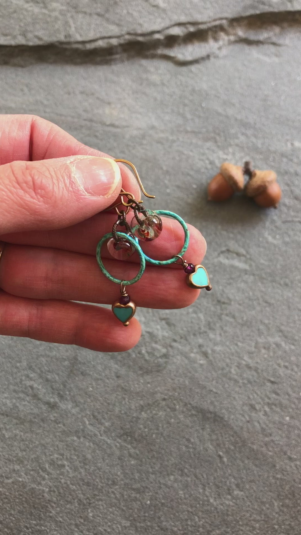 Sweetheart Handmade Dangle Earrings, Genuine Natural Blue Turquoise Gold Copper Edging Hearts, Lampwork Glass