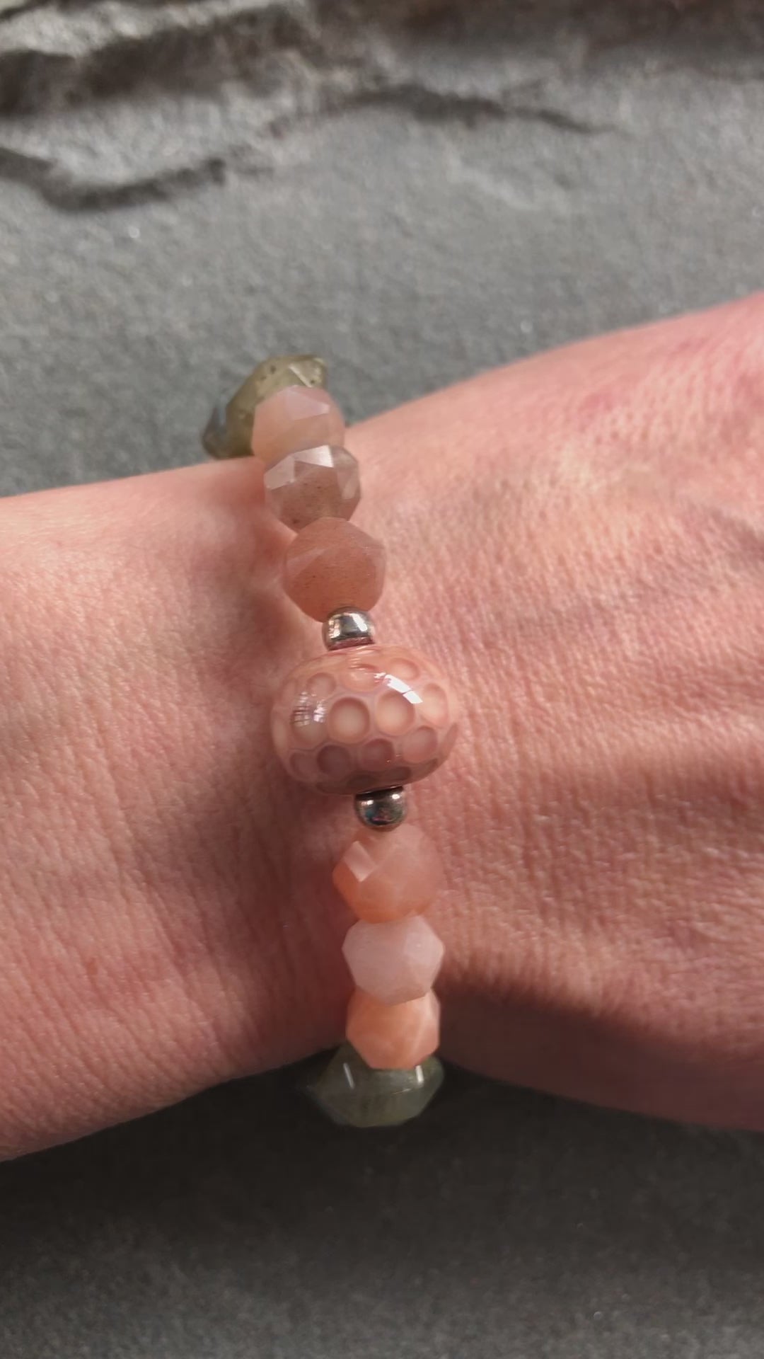 Peaches Handmade Beaded Bracelet with Artisan Lampwork Glass, Peach Moonstone, Labradorite, Sterling Silver