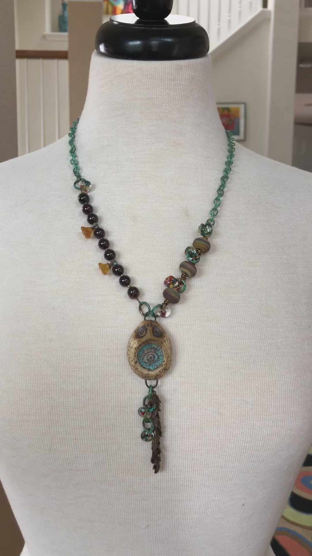 Wise Owl Handmade Beaded Necklace with Artisan Ceramic Owl, Red Garnet, Artisan Lampwork Glass, Turquoise Patina Chain