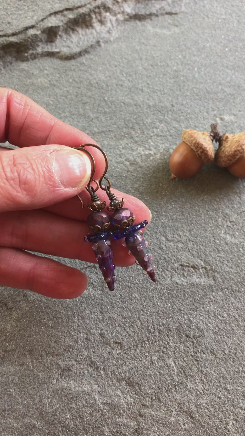 Indigo and Violet Handmade Dangle Earrings, Gorgeous Artisan Lampwork Glass and Czech Glass.