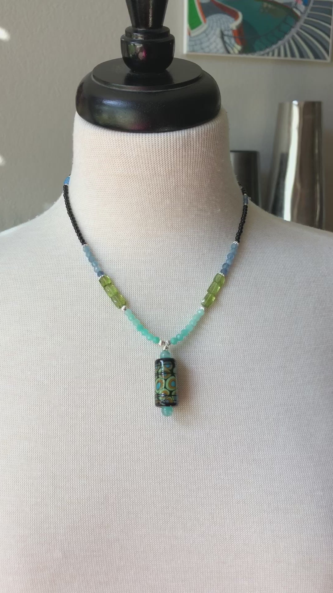 Michou Handmade Beaded Necklace. Artisan Lampwork Glass Focal, Amazonite, Aquamarine, Peridot, Onyx, Sterling Silver