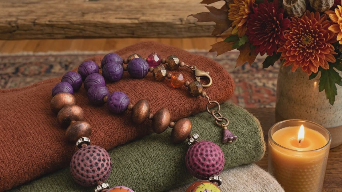 Video of Groovy Necklace in a cozy room.