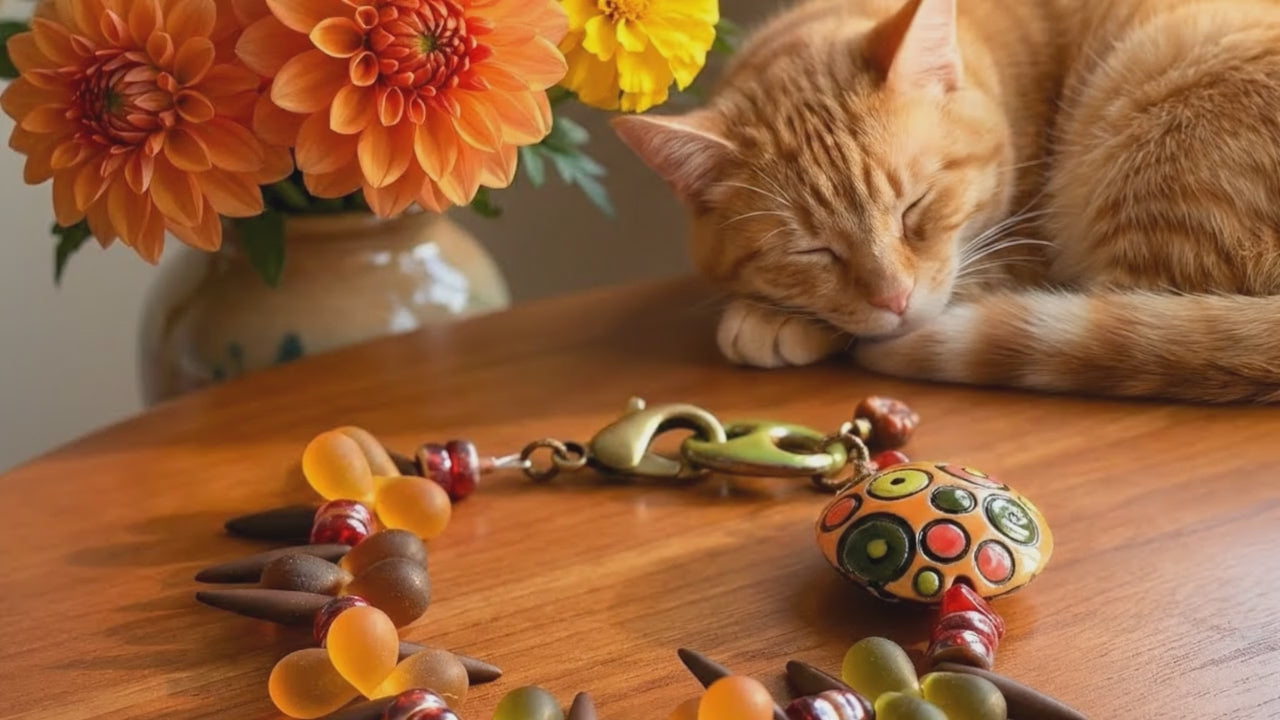 A video of the Circles and Spikes bracelet with a sleeping cat nearby.