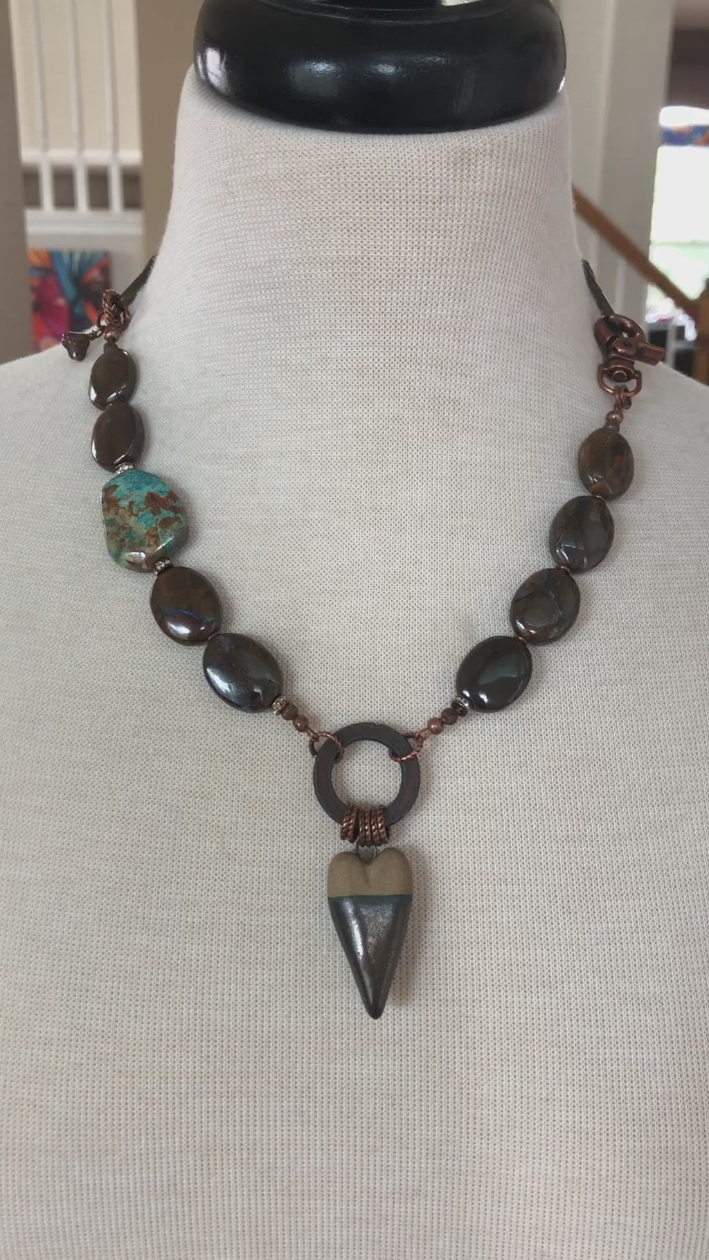 Rustic Heart Handmade Beaded Necklace with Artisan Ceramic Focal, Rainbow Calsilica, Boulder Opal