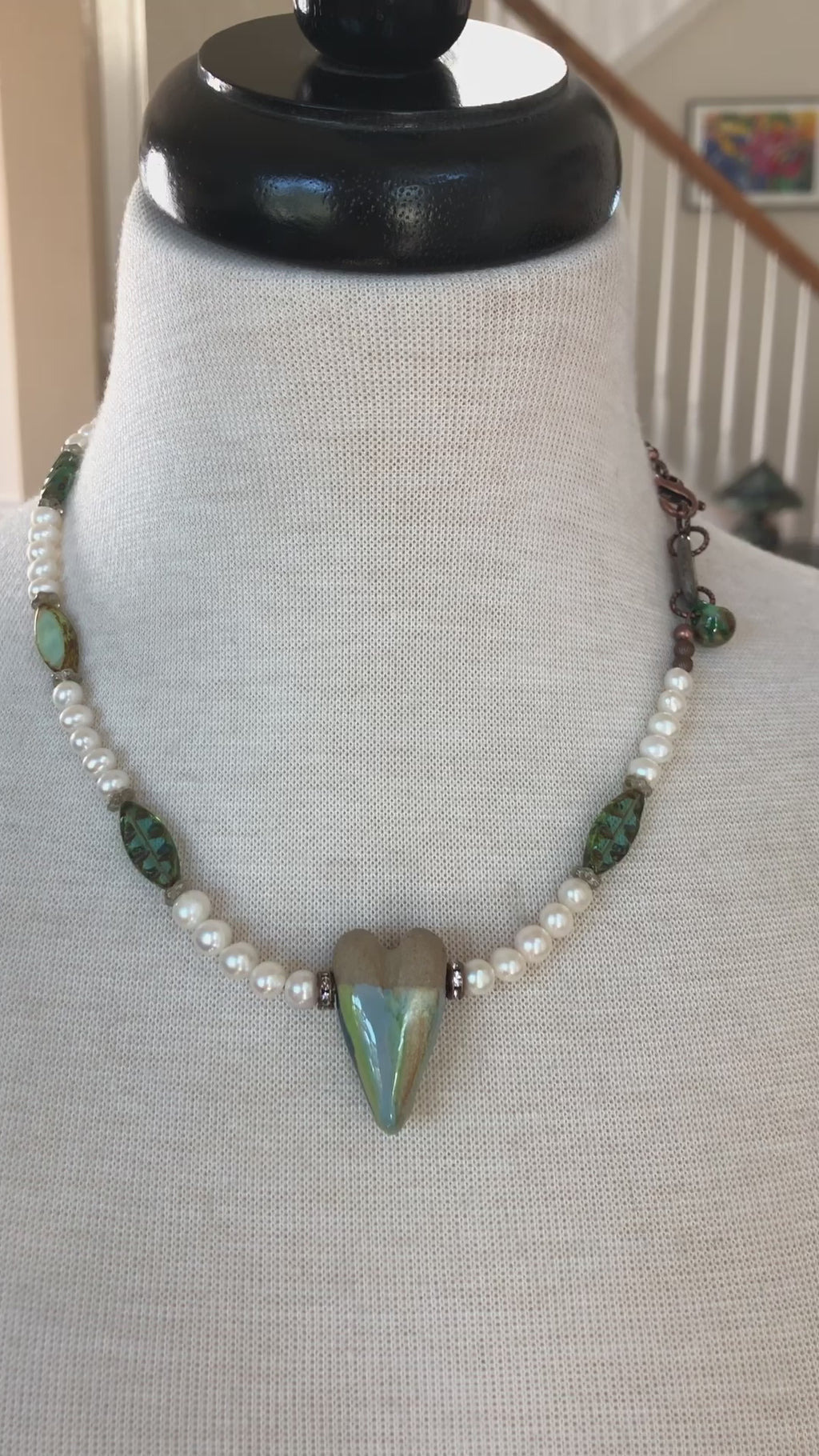 Watercolor Heart Handmade Beaded Necklace with Artisan Ceramic Focal, Fresh Water Pearls and Green Czech Glass