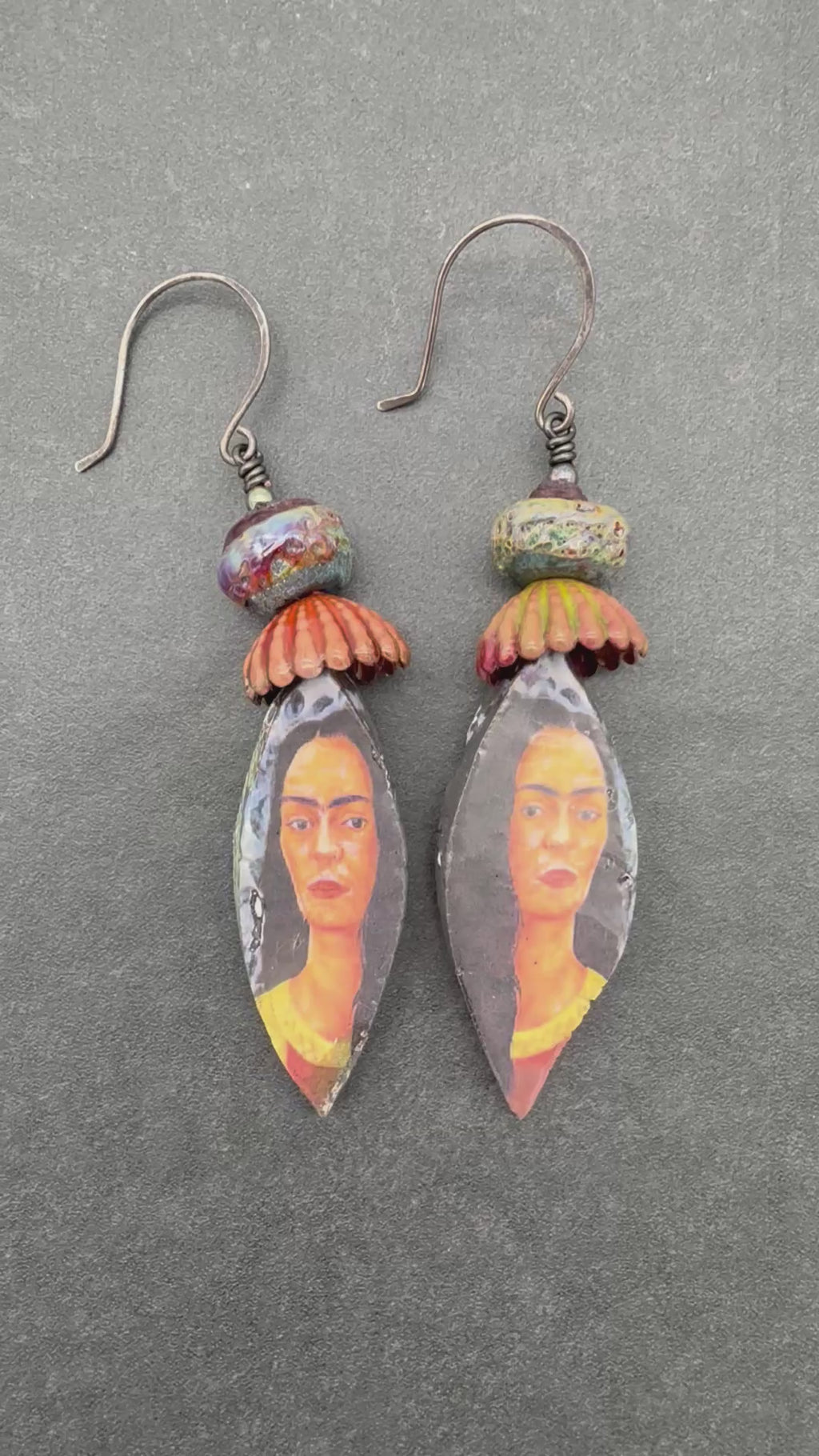 Frida Kahlo Handmade Statement Earrings - Artisan Lampwork Glass, Artisan Ceramic Charms