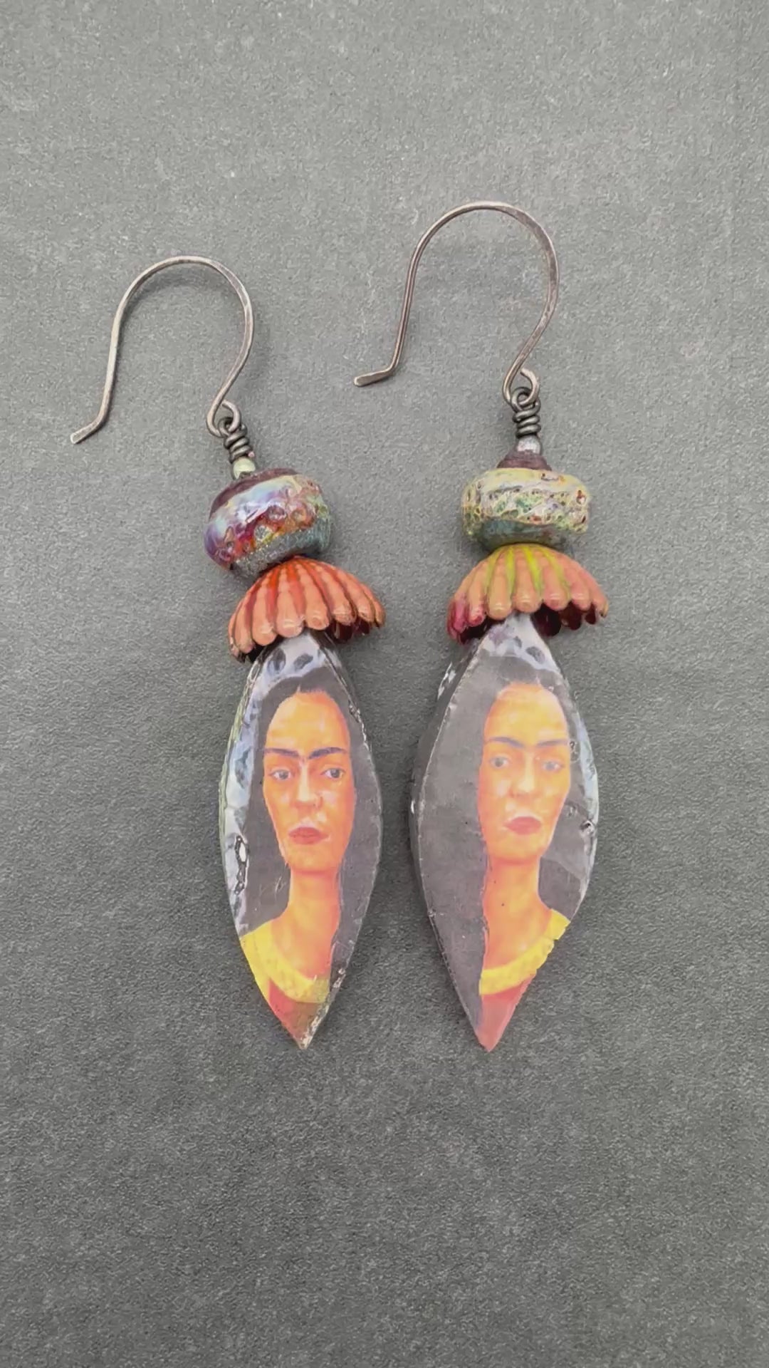 Frida Kahlo Handmade Statement Earrings - Artisan Lampwork Glass, Artisan Ceramic Charms