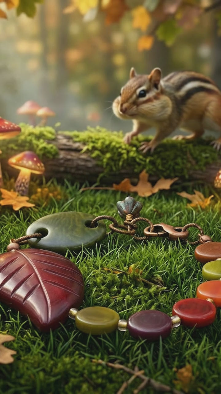 Video of Merlot Leaf Bracelet with a chipmunk nearby.