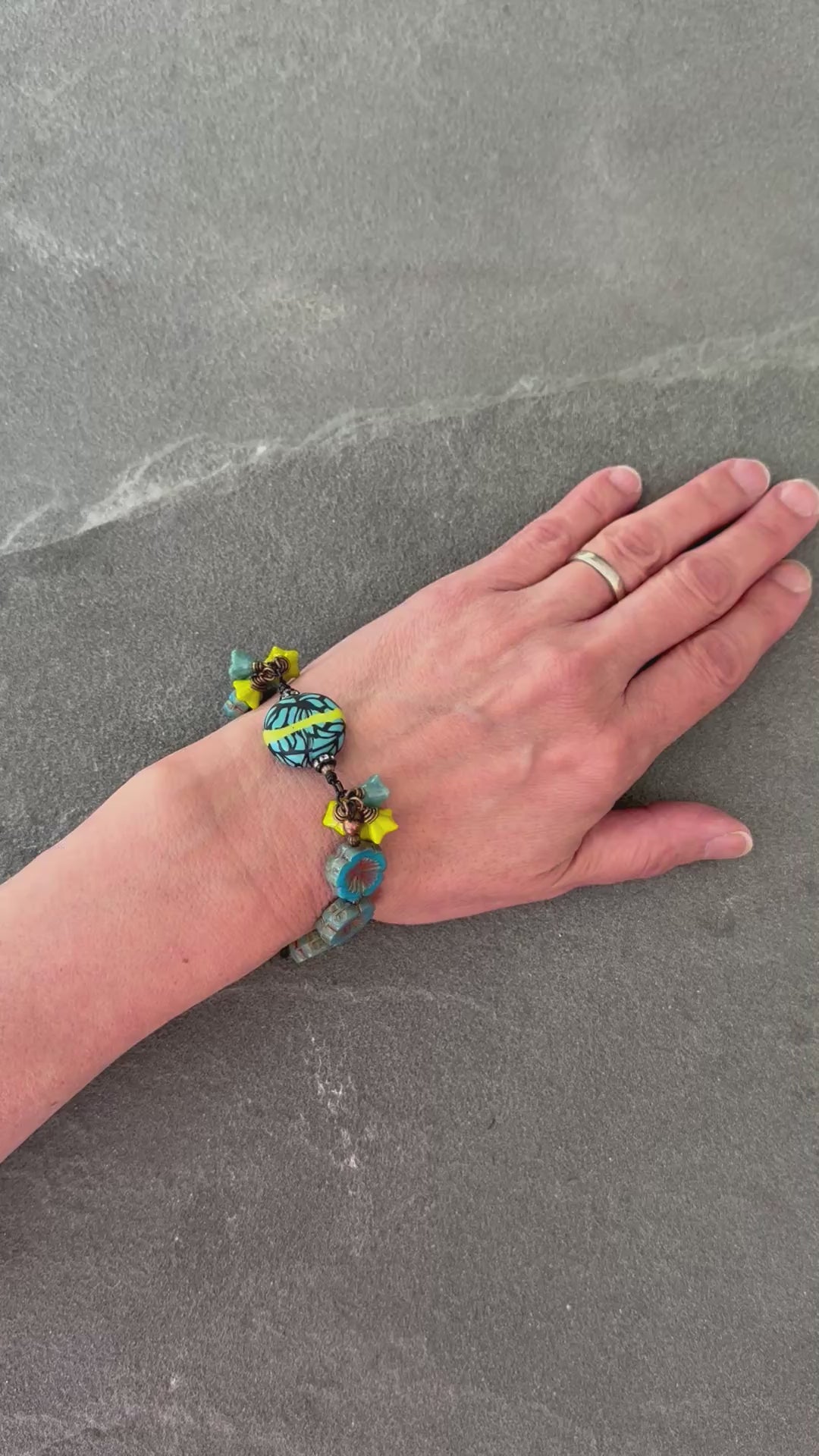Tribal Turquoise Handmade Beaded Bracelet with Artisan Polymer Clay Lime Green and Turquoise Focal and Czech Glass Flowers