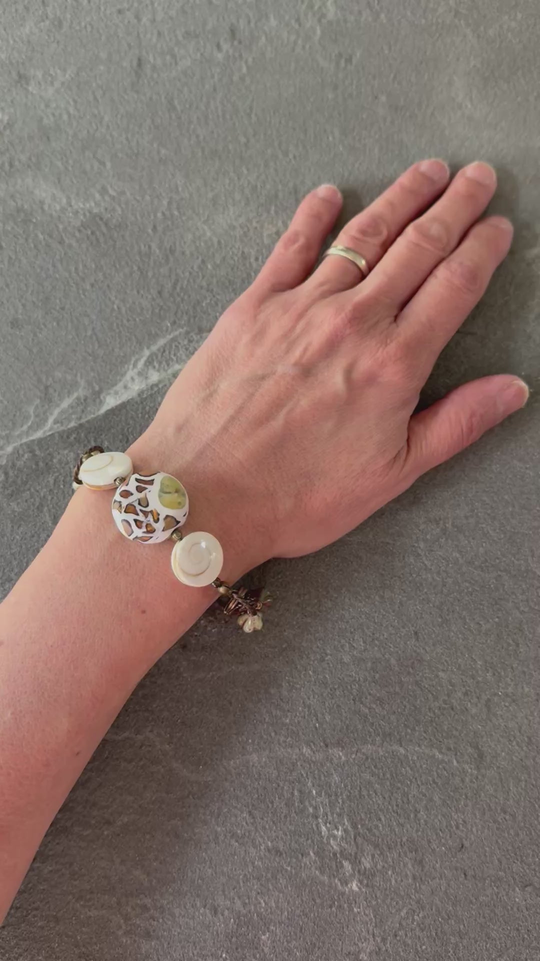 Swanky Safari Handmade Beaded Bracelet with Artisan Polymer Clay Green Giraffe Focal, Shell, Czech Glass Flowers