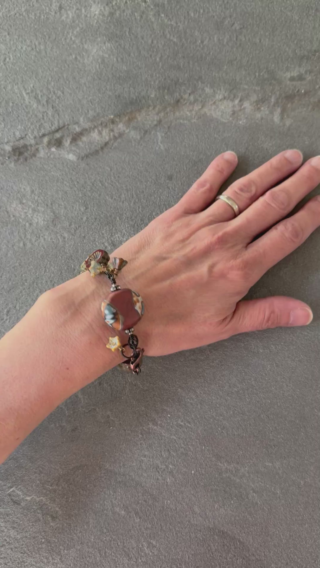 Chocolate Cherry Moon Handmade Beaded Bracelet with Artisan Polymer Clay Focal and Czech Glass Flowers