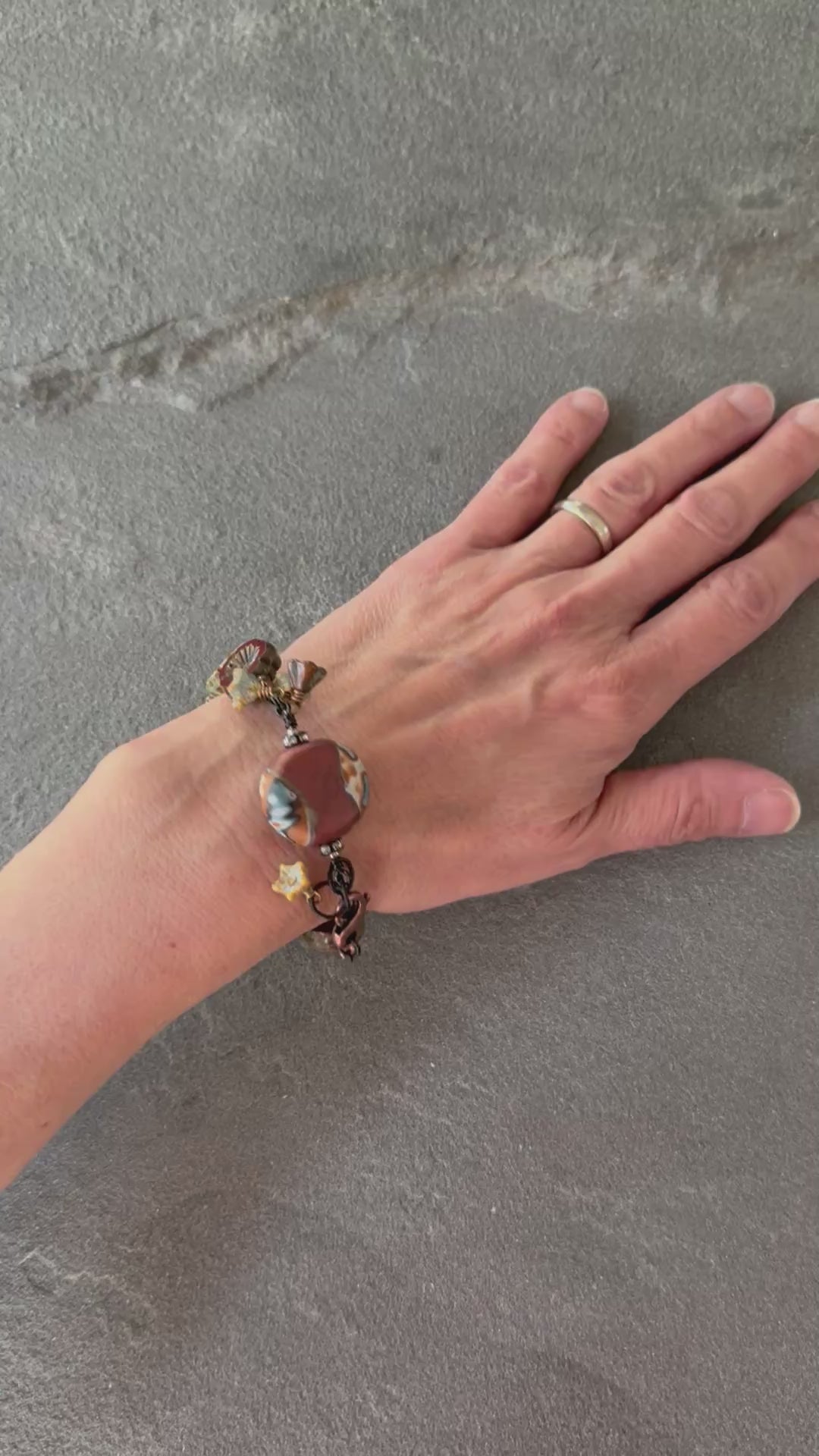 Chocolate Cherry Moon Handmade Beaded Bracelet with Artisan Polymer Clay Focal and Czech Glass Flowers