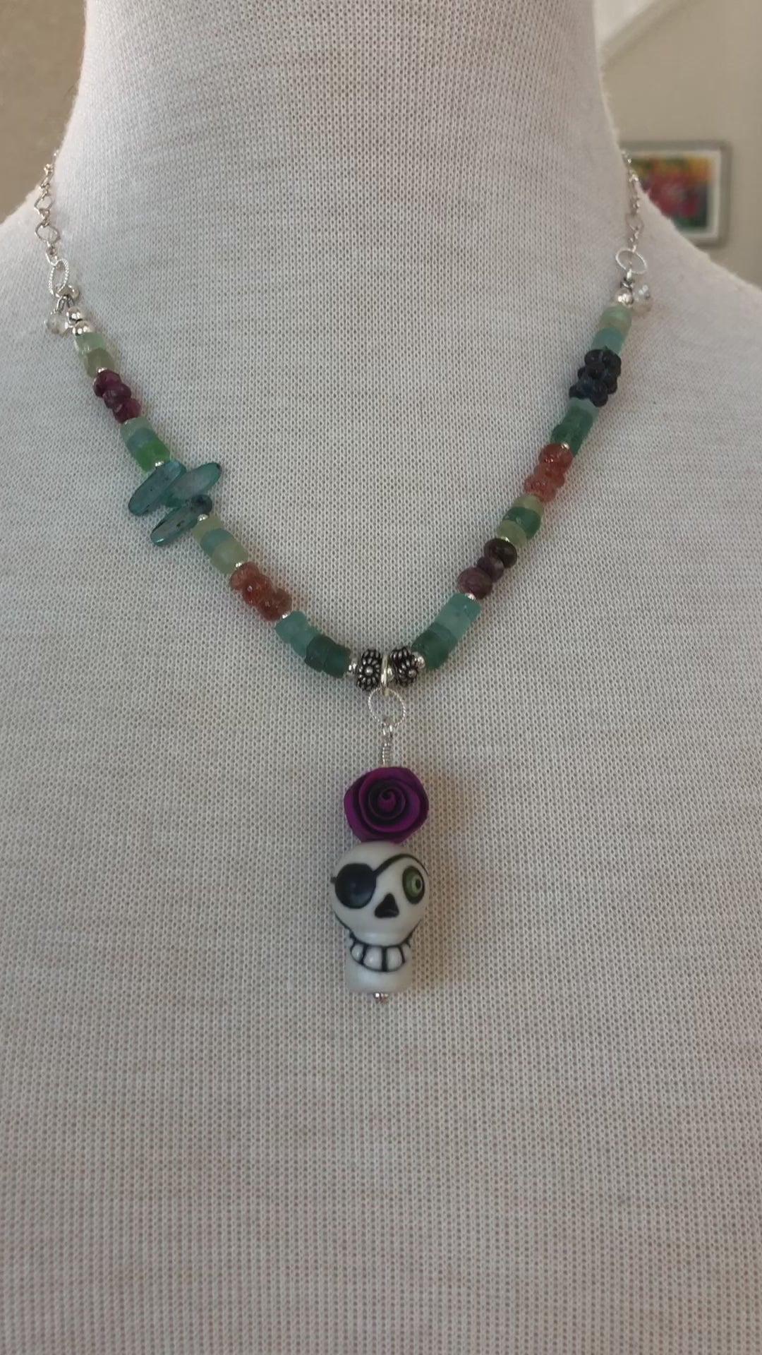 Pirate Life for Me Handmade Beaded Necklace. Artisan Sugar Skull, Roman Glass, Pink Tourmaline, Sterling Silver