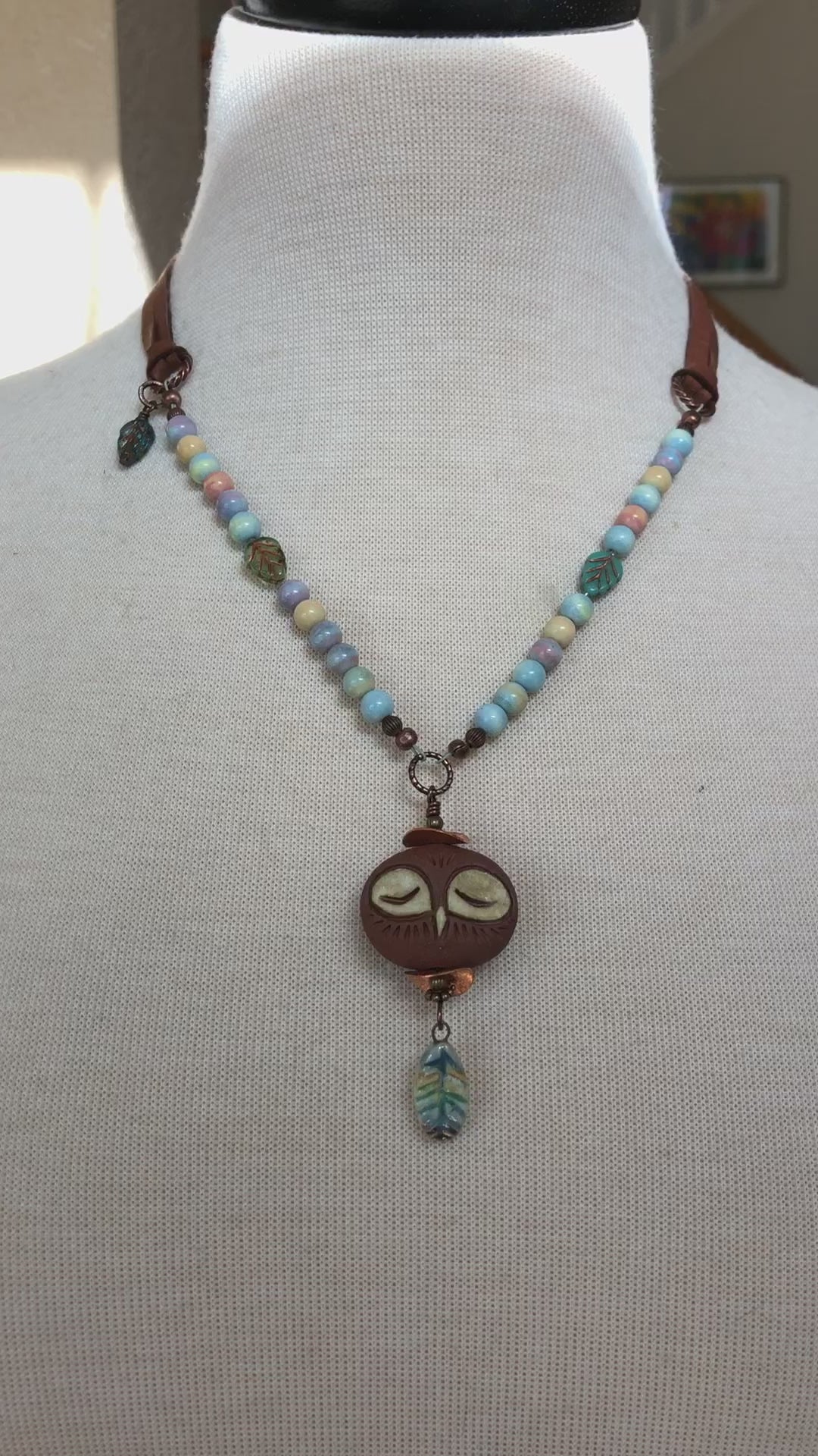 Sleepy Owl Handmade Beaded Necklace with Artisan Ceramic Focal, Watercolor Agate and Leather Lace