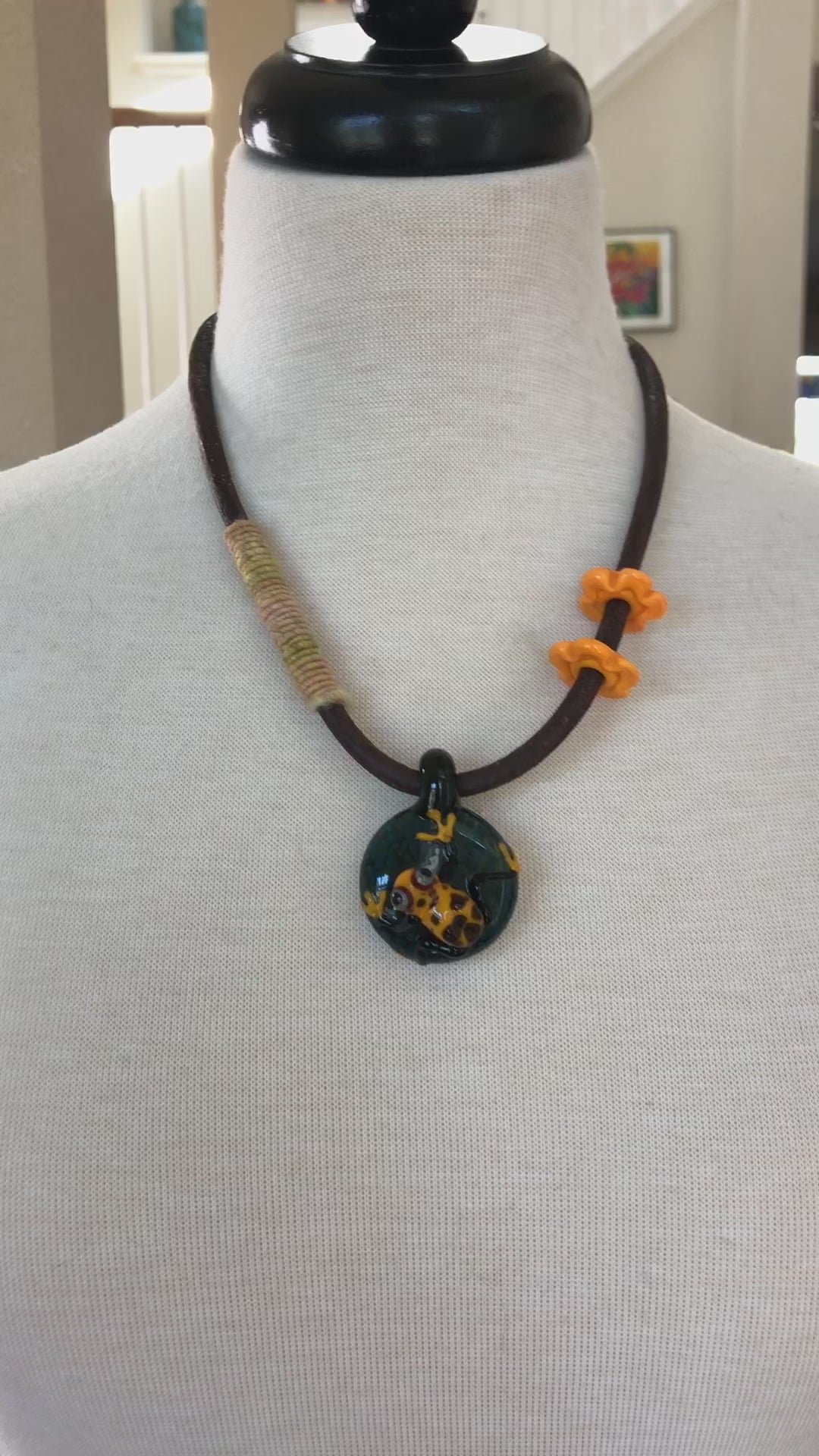 Rainforest Frog Handmade Necklace. Artisan Lampwork Glass Focal, Enameled Ring, Apatite, Iolite, Chocolate Leather Cord