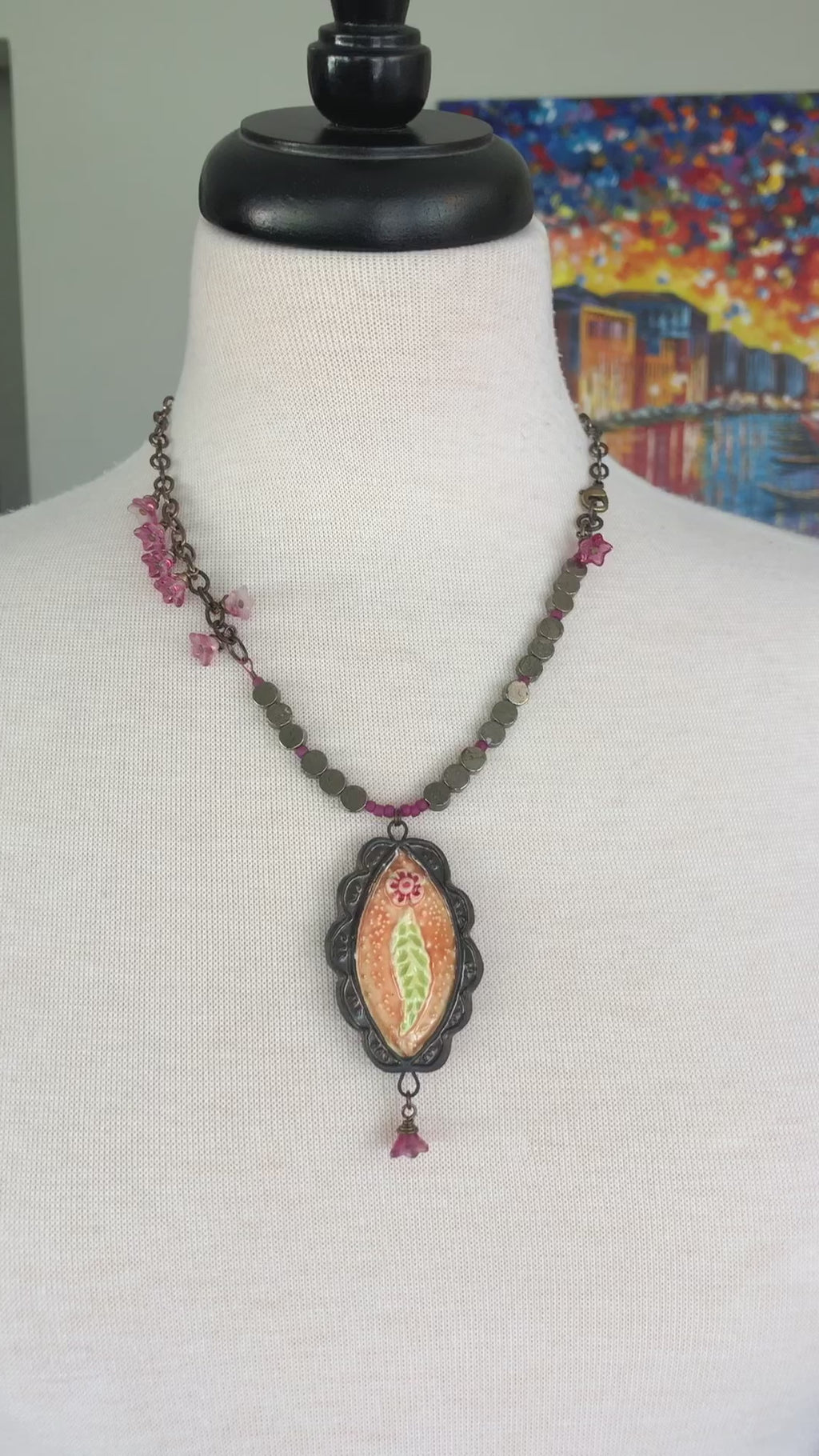 Rosita Handmade Statement Necklace with Artisan Ceramic Focal, Golden Mica Coin beads, Czech Glass and Antique Brass Finish Chain