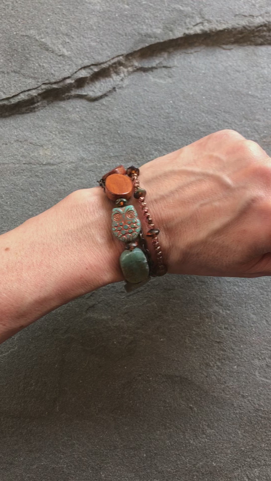 Hootie Triple Strand Handmade Beaded Bracelet with Czech Glass Owl, Matte Blue Green Quartz, Wood, and Cinnamon Pink Czech Glass Beads