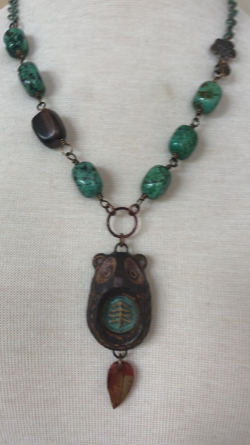 Brown Bear Handmade Beaded Necklace with Artisan Ceramic Focal, African Turquoise Nuggets, Natural Wood