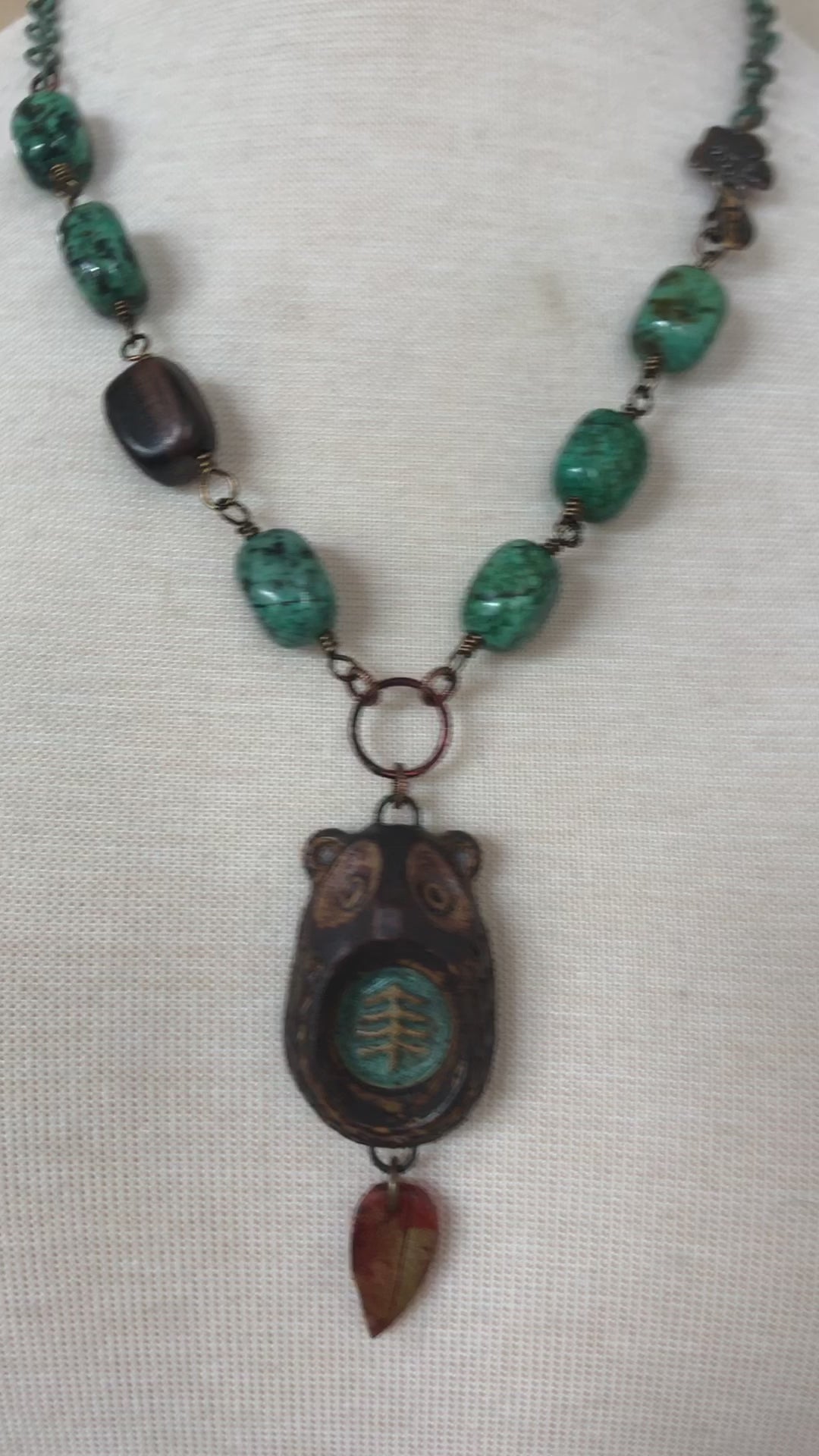 Brown Bear Handmade Beaded Necklace with Artisan Ceramic Focal, African Turquoise Nuggets, Natural Wood