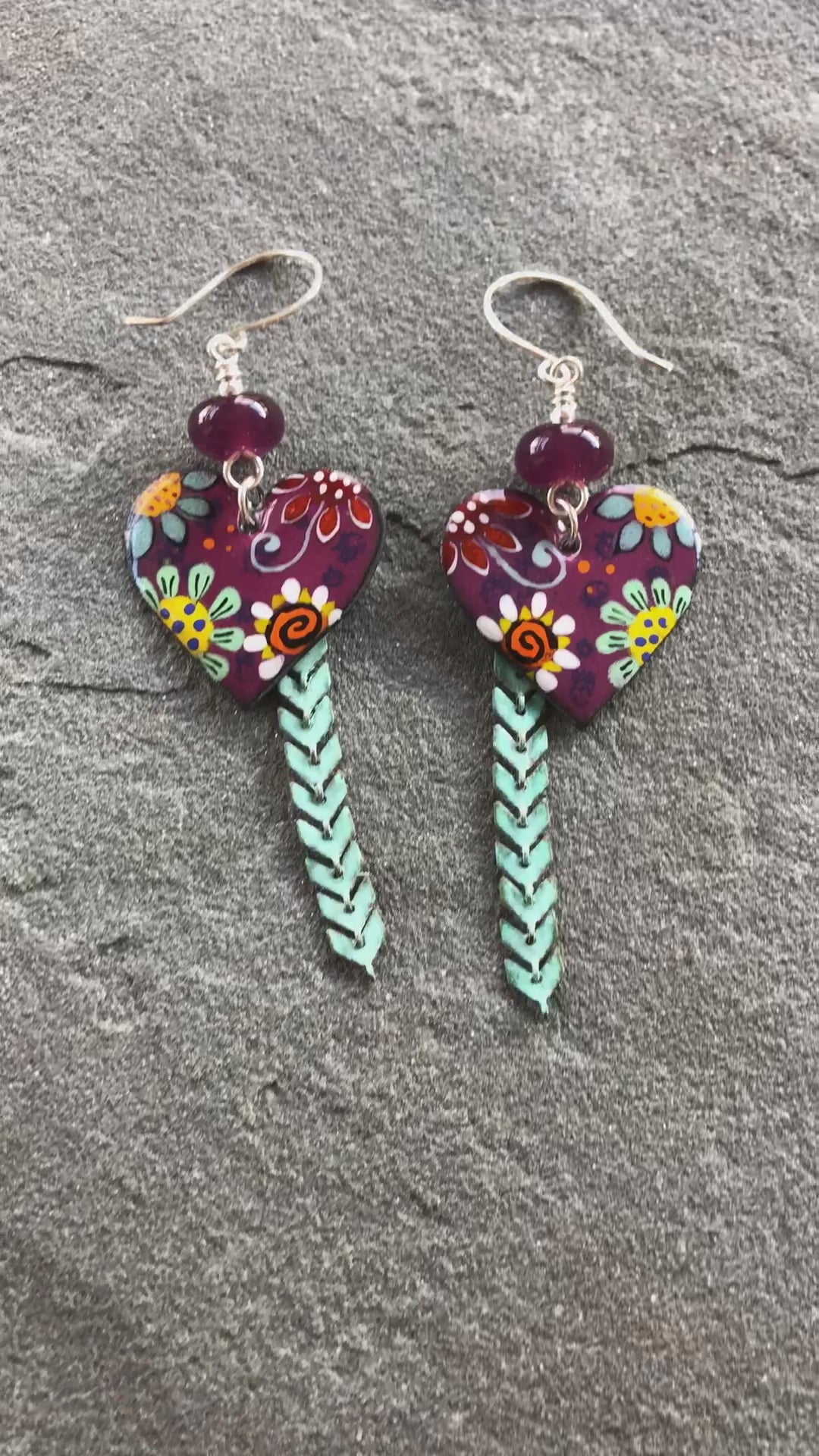 Flower Power Handmade Dangle Earrings, Artisan Lampwork Purple Glass, Artisan Enameled Charms, Sterling Silver Ear Wires