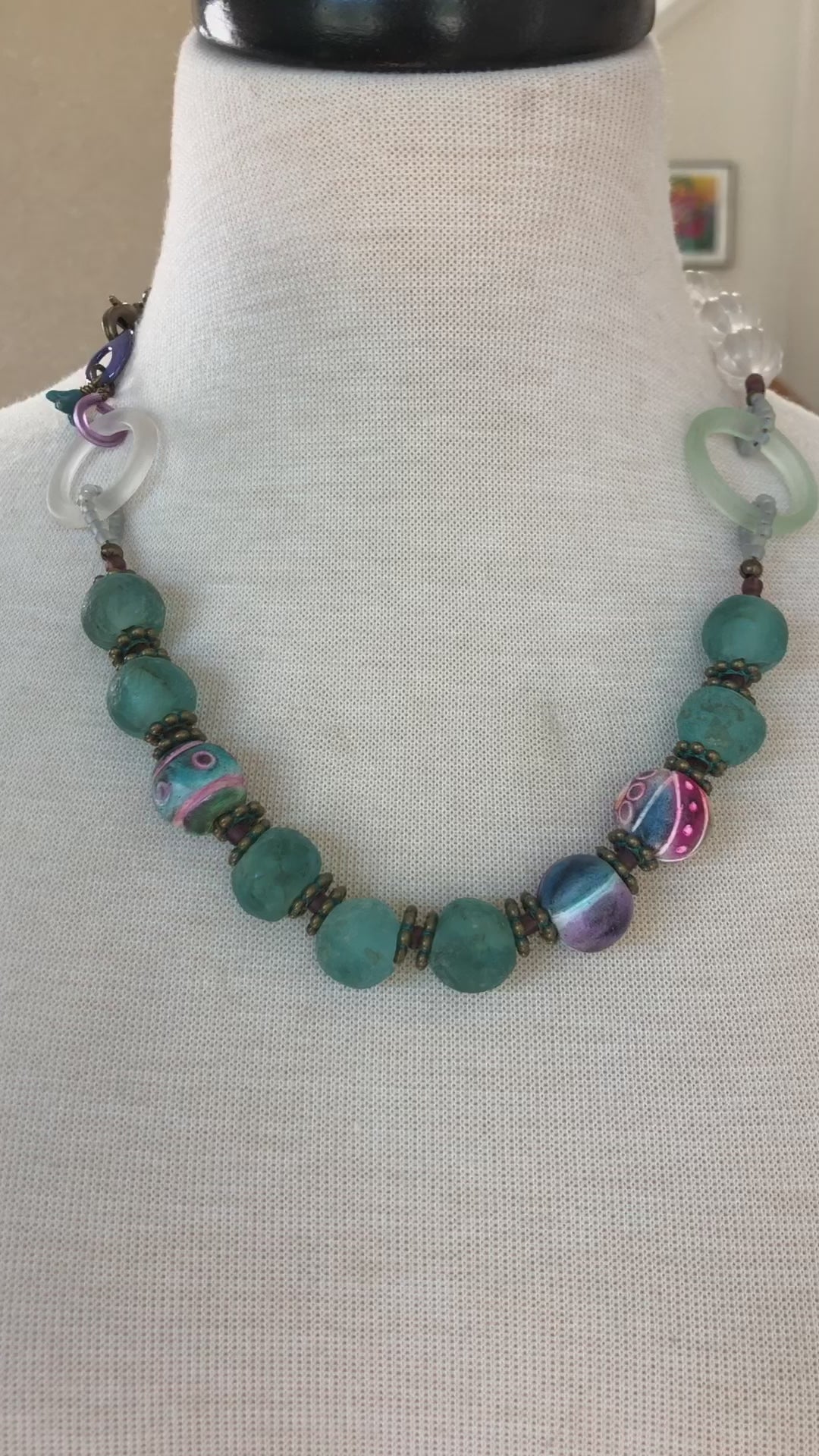 Salt Water Taffy Handmade Beaded Statement Necklace with Aqua Recycled African Glass, Artisan Polymer Clay, and Vintage Resin