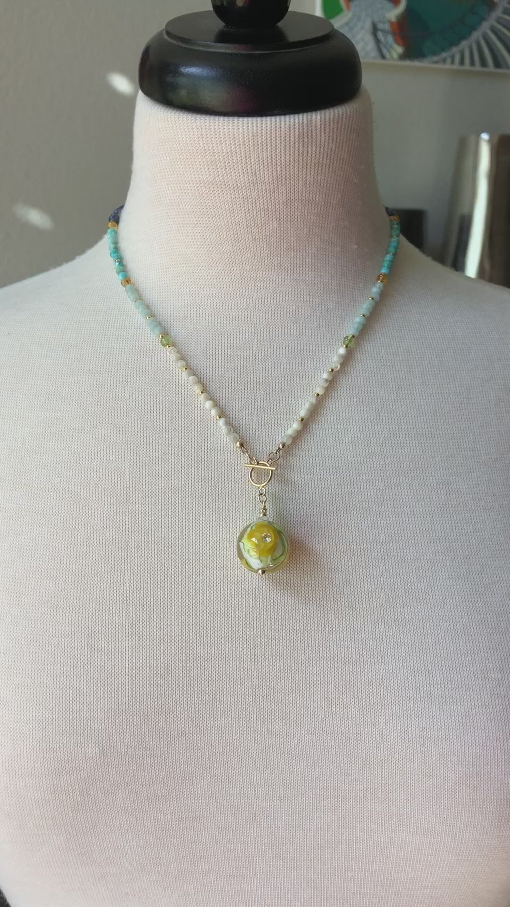 Daylily Handmade Necklace. Artisan Lampwork Glass, Amazonite, Genuine Turquoise, Dumortierite, Peridot, Citrine, Gold filled findings