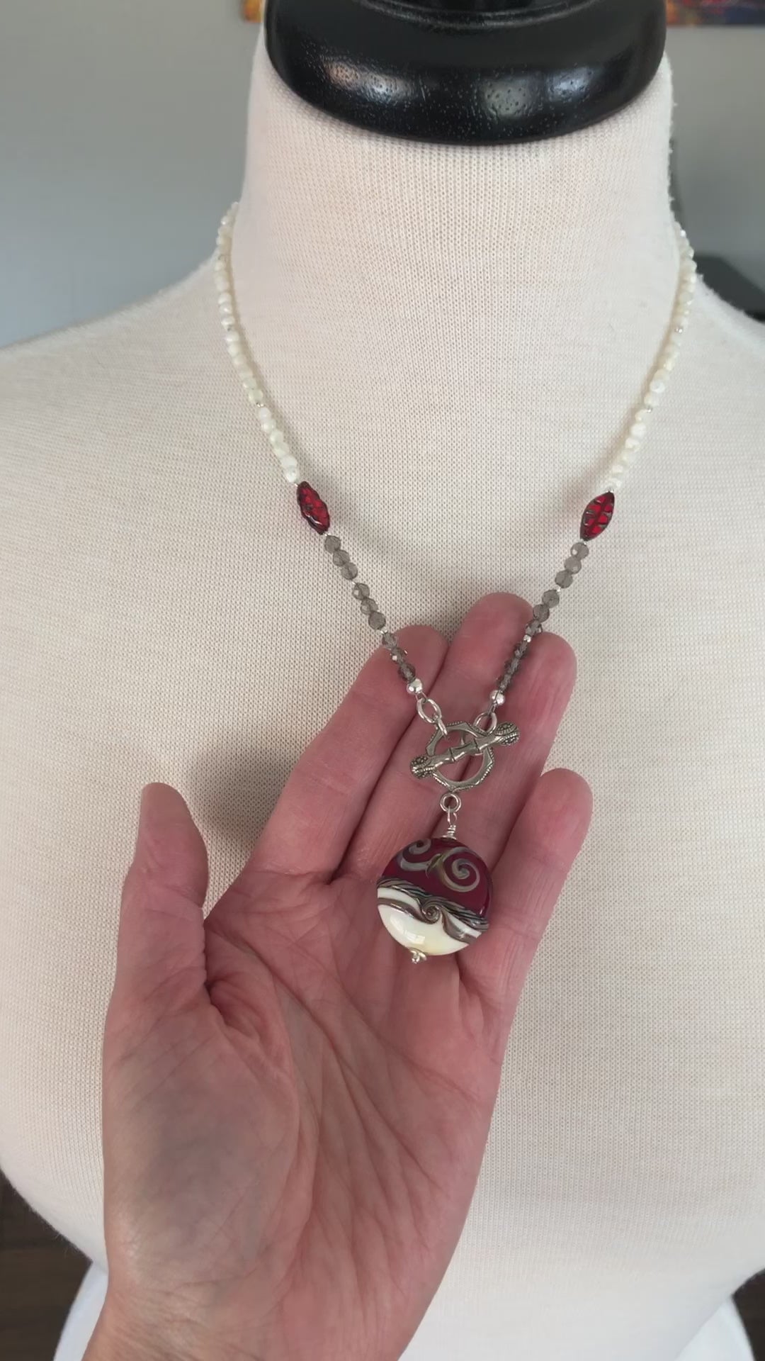 Ruby Red Handmade Beaded Necklace. Artisan Lampwork Glass, Smoky Quartz, Sterling Silver, Mother of Pearl
