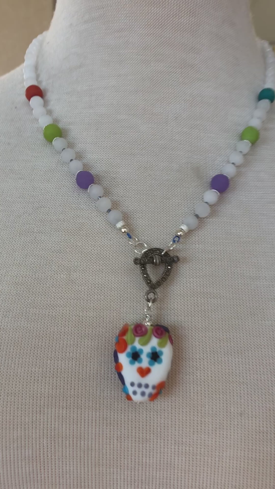 Day of the Dead Sugar Sugar Handmade Beaded Necklace with Artisan Lampwork Glass Sugar Skull Focal