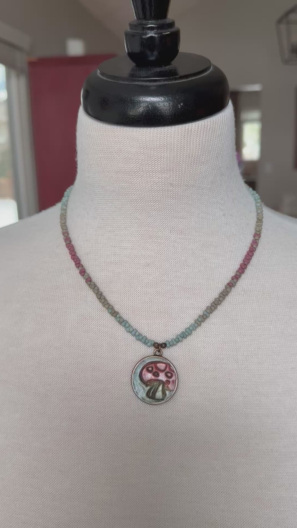Happy Mushroom Necklace - Artisan Polymer Clay Focal, Peanut Seed Beads, Antique Brass | Handmade Jewelry | Ruby Acorn