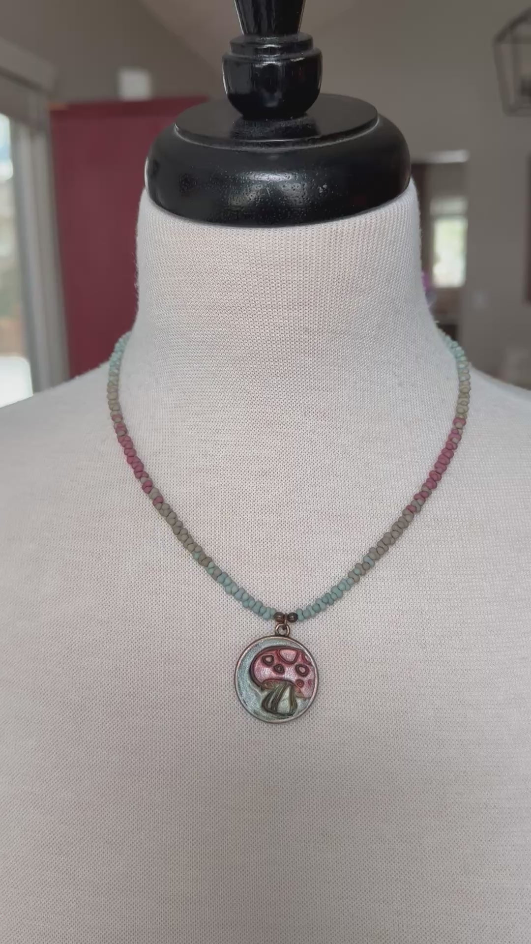 Happy Mushroom Necklace - Artisan Polymer Clay Focal, Peanut Seed Beads, Antique Brass | Handmade Jewelry | Ruby Acorn