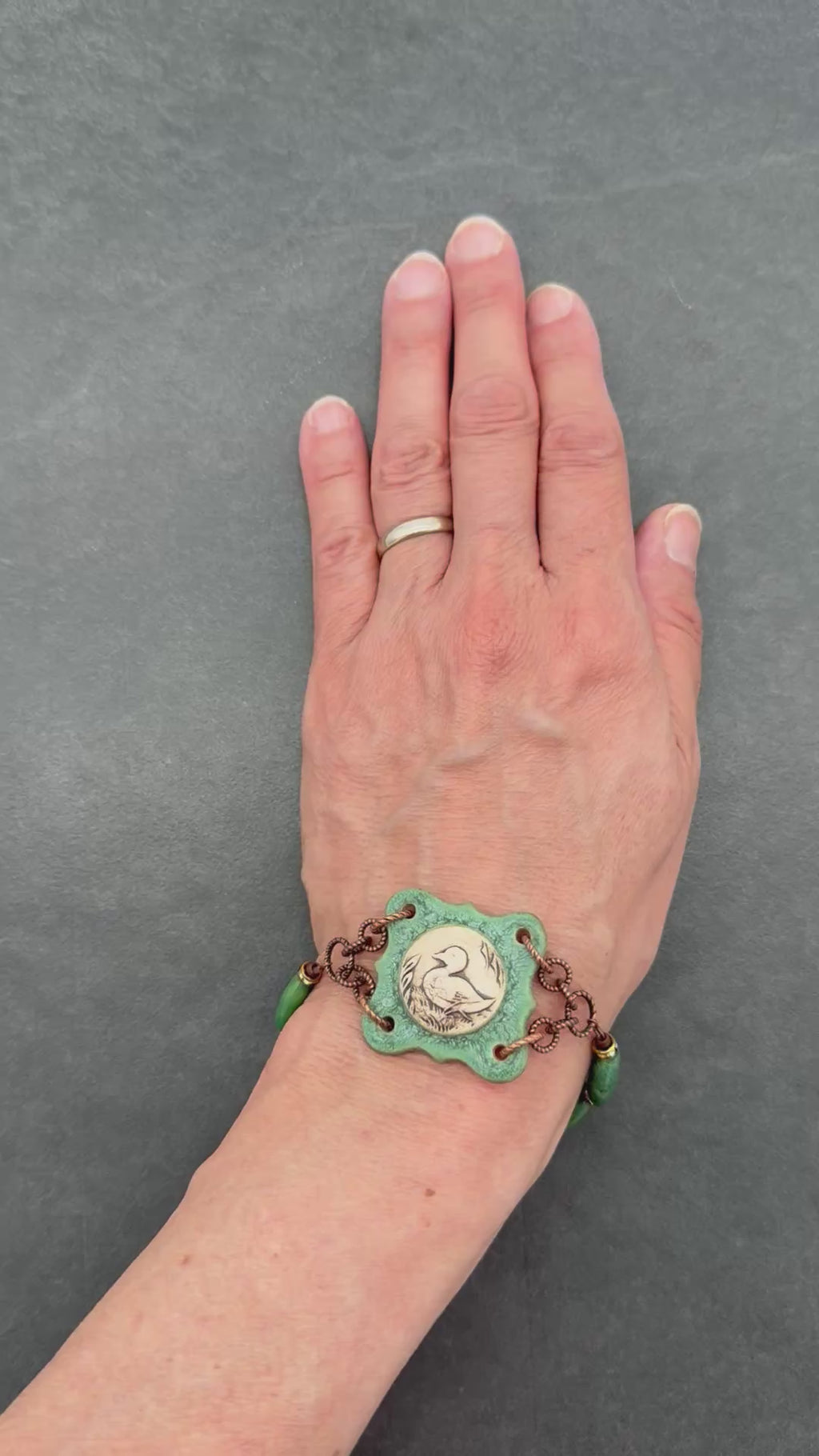 Mallard Crest Handmade Bracelet - Artisan Porcelain Duck Focal, Natural Green Stones