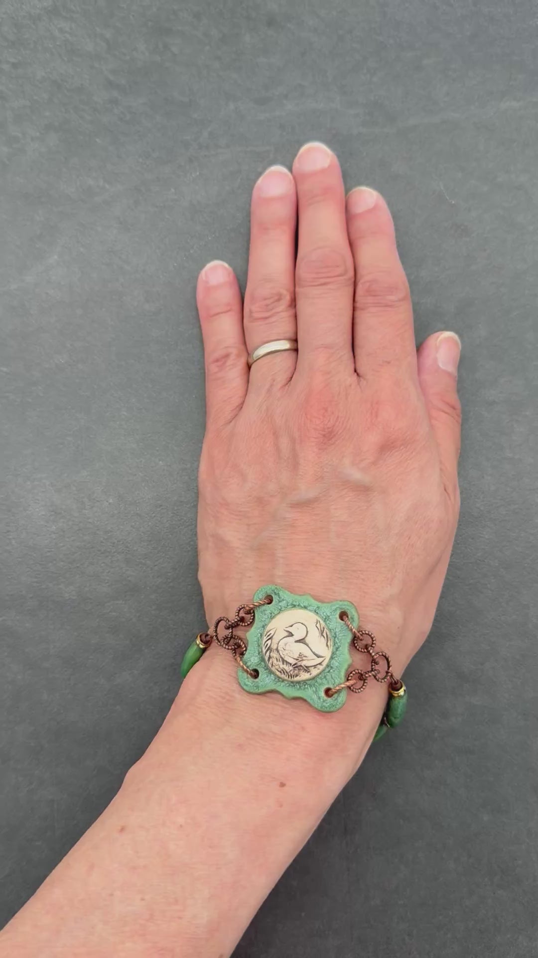 Mallard Crest Handmade Bracelet - Artisan Porcelain Duck Focal, Natural Green Stones