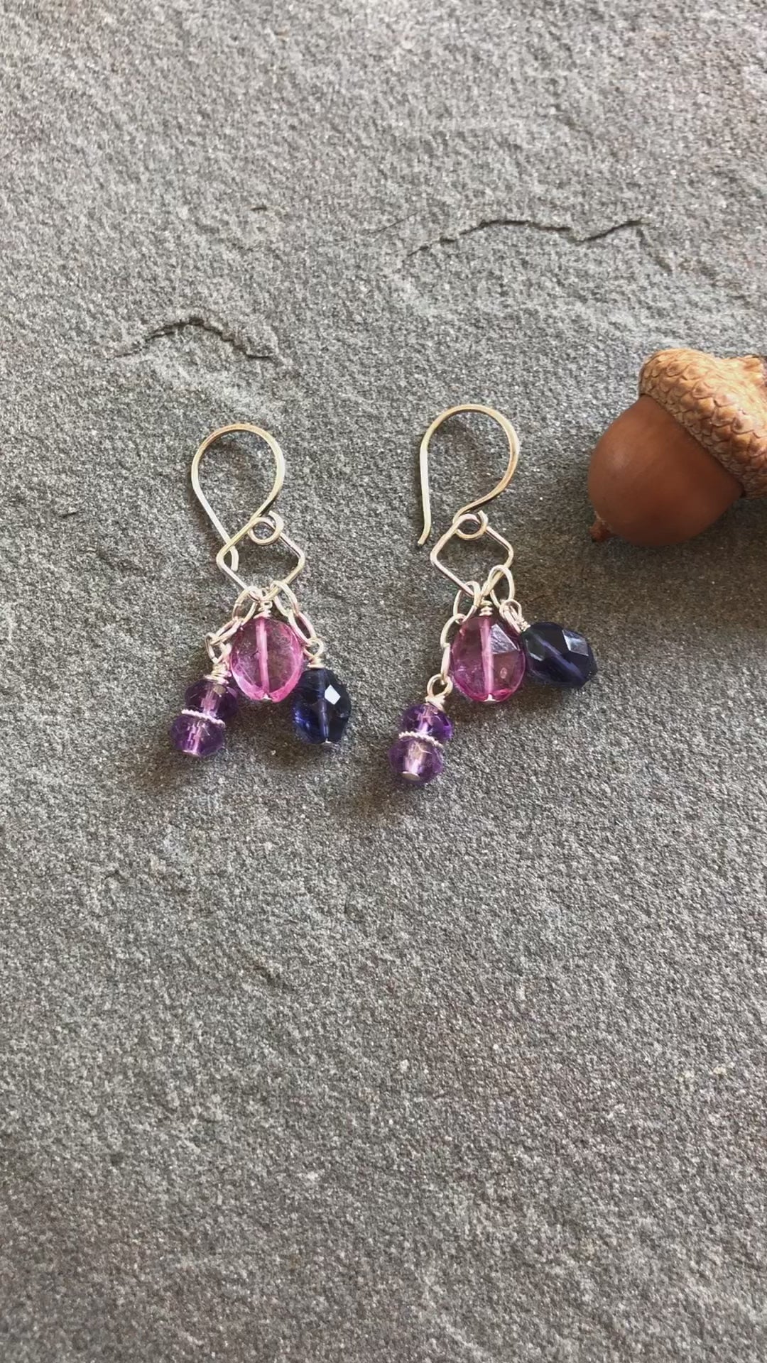 Encantada Pink Quartz, Iolite and Amethyst Sterling Silver Handmade Dangle Earrings