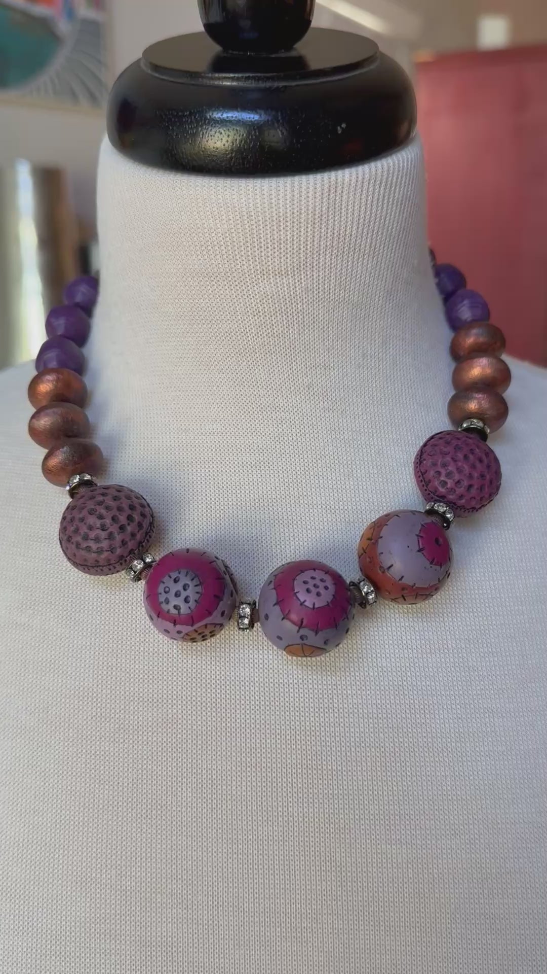 Groovy Retro Necklace - Handmade Artisan Polymer Clay, Brushed Copper, Lucite