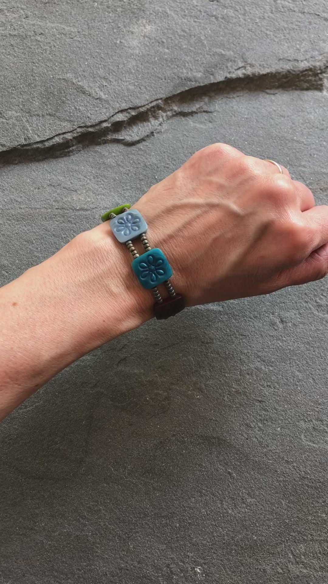 Tagua Tiles Multi-Color Handmade Beaded Bracelet with Tagua Nuts, Czech Glass Flowers