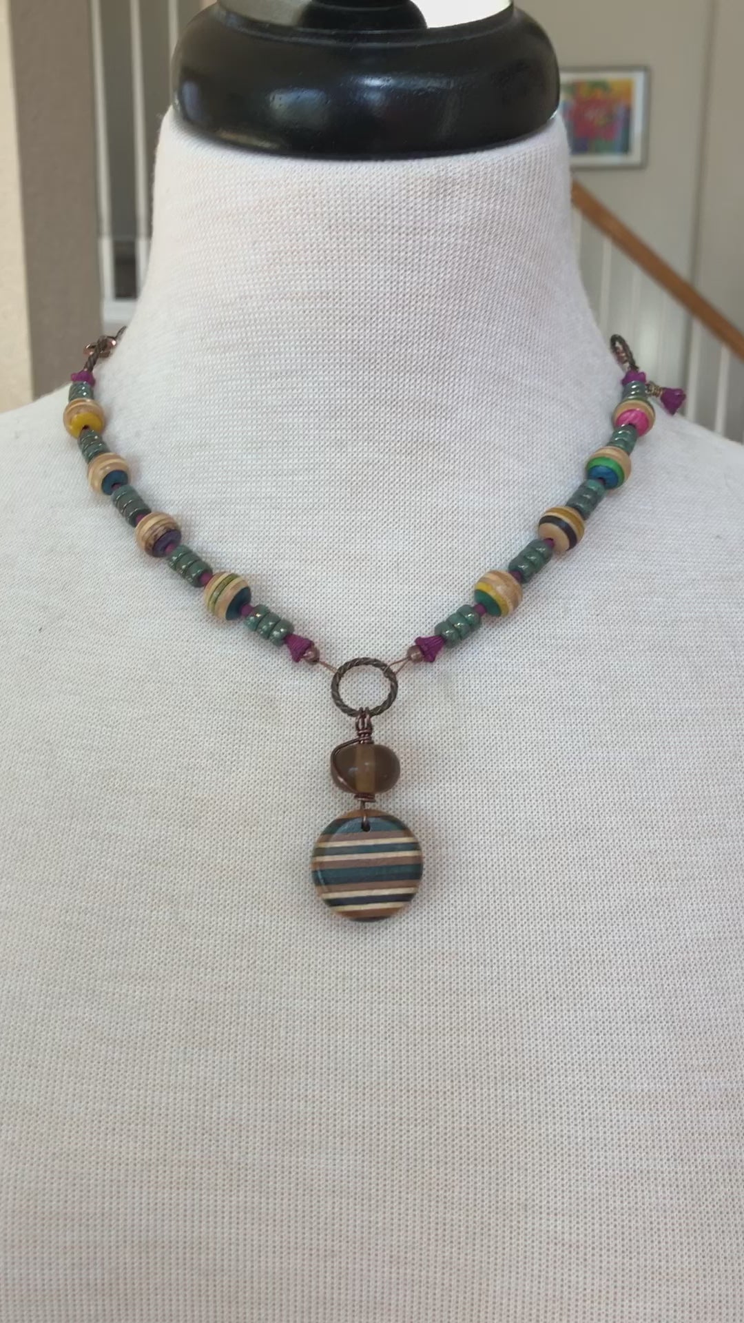 Bicycle Chain and Skateboard Handmade Beaded Necklace with Recycled Skateboard Beads and Artisan Lampwork Glass
