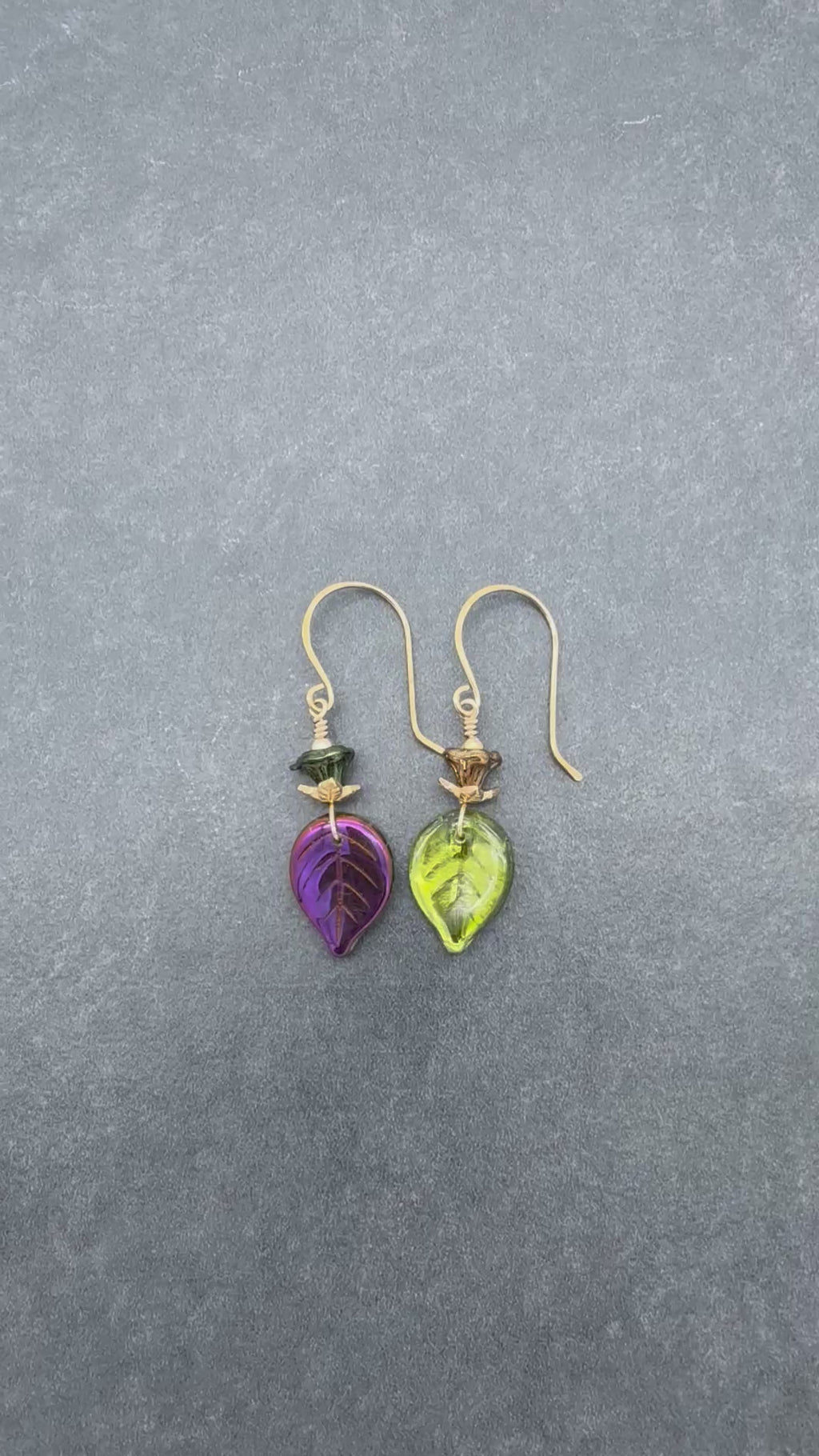 Falling Leaves Czech Glass Earrings - Handmade Olive Green and Purple