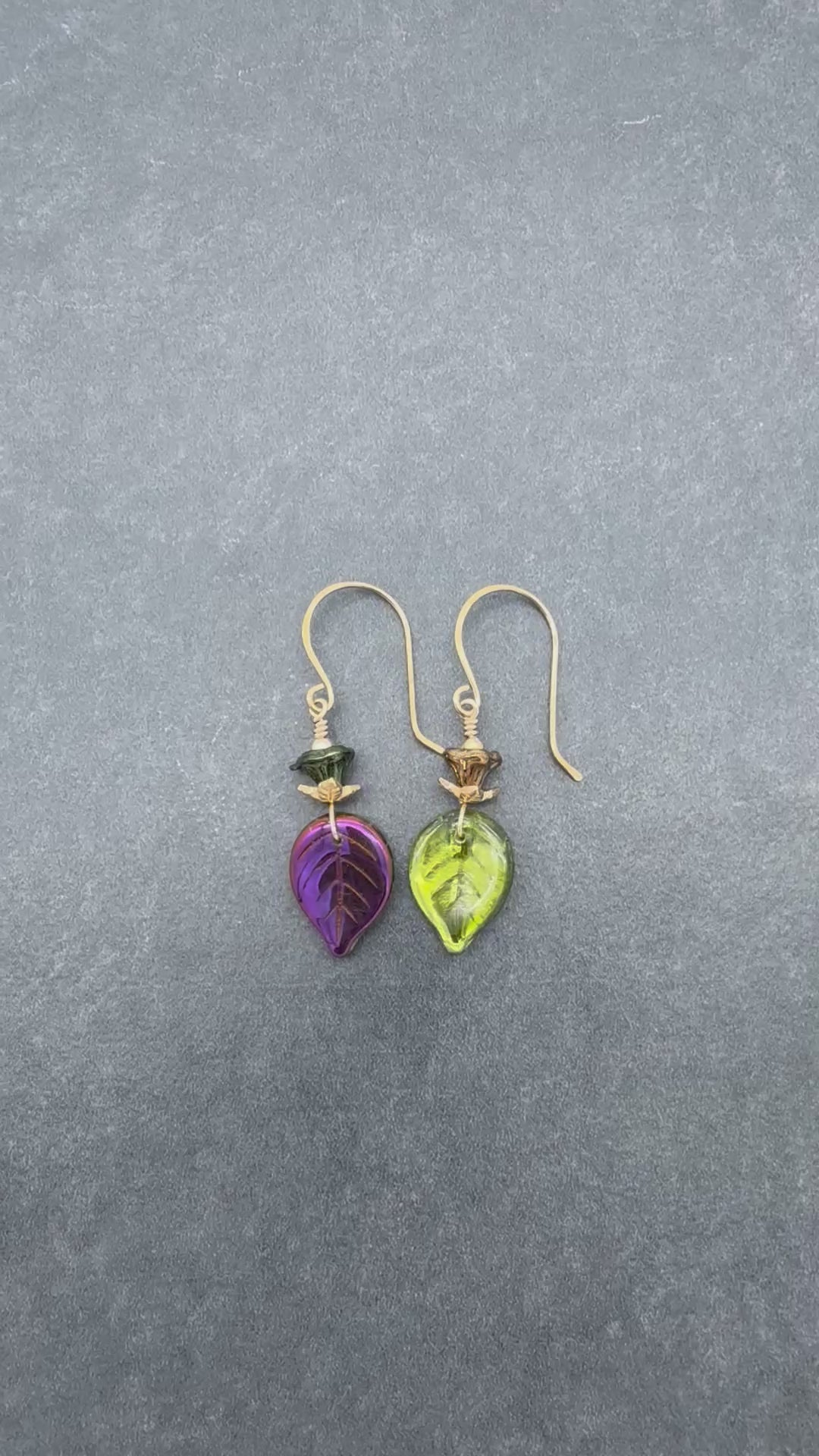 Falling Leaves Czech Glass Earrings - Handmade Olive Green and Purple