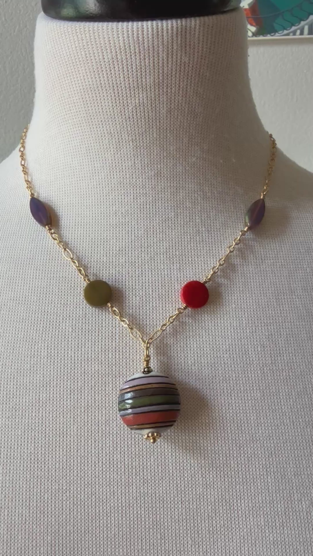 Lovely Earth Tone Geometric Shapes Handmade Necklace with Artisan Ceramic, Tagua Nuts, Czech Glass and Gold Plated Chain