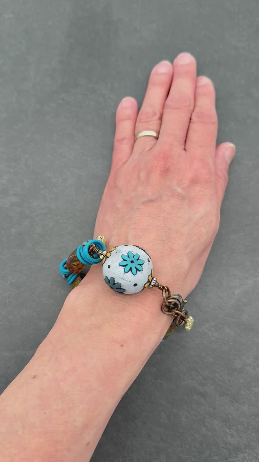 Handmade Beaded Bracelet - Denim Daisy, Artisan Polymer Clay and Czech Glass